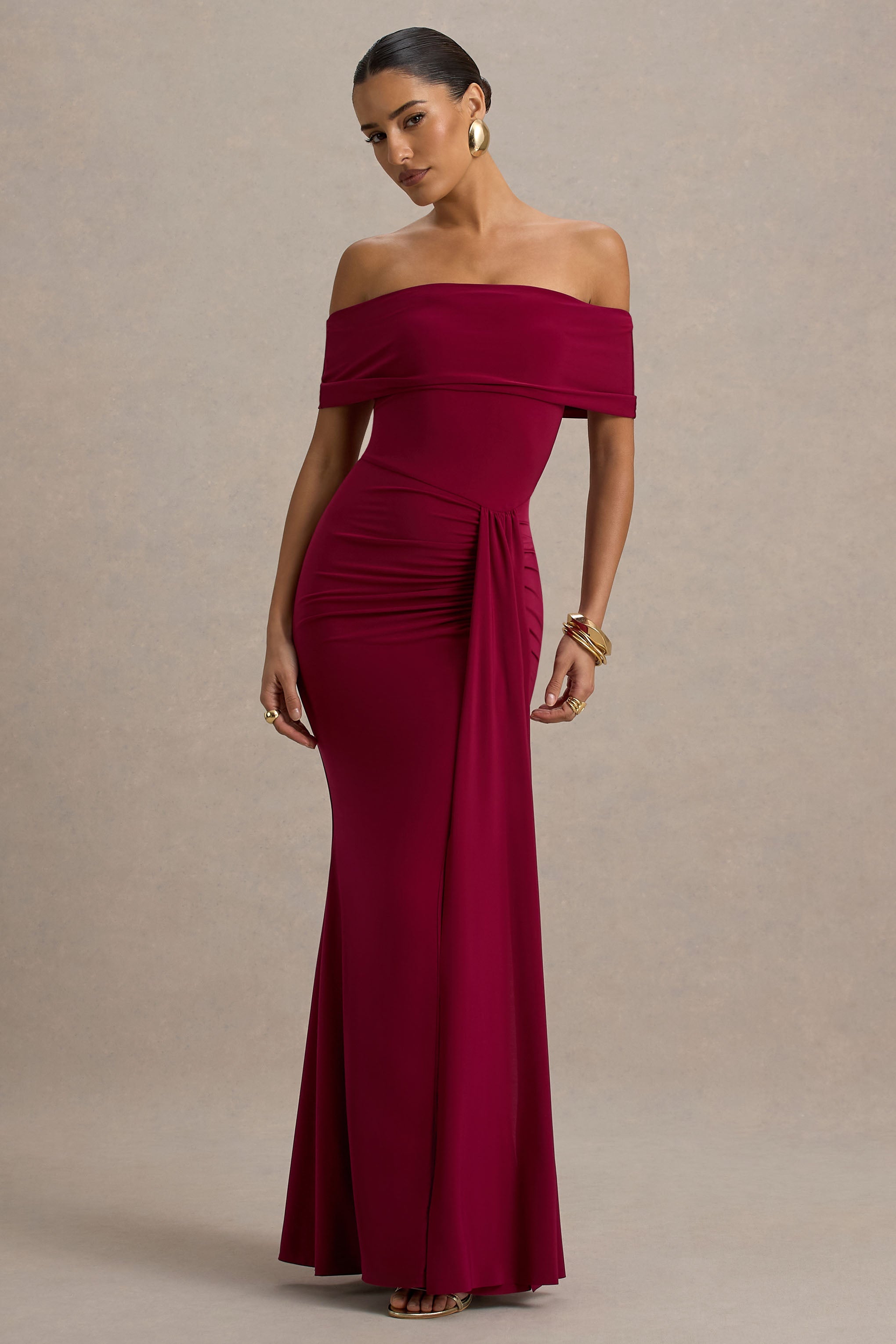 Delma | Burgundy Bardot Maxi Dress With Drape Detail