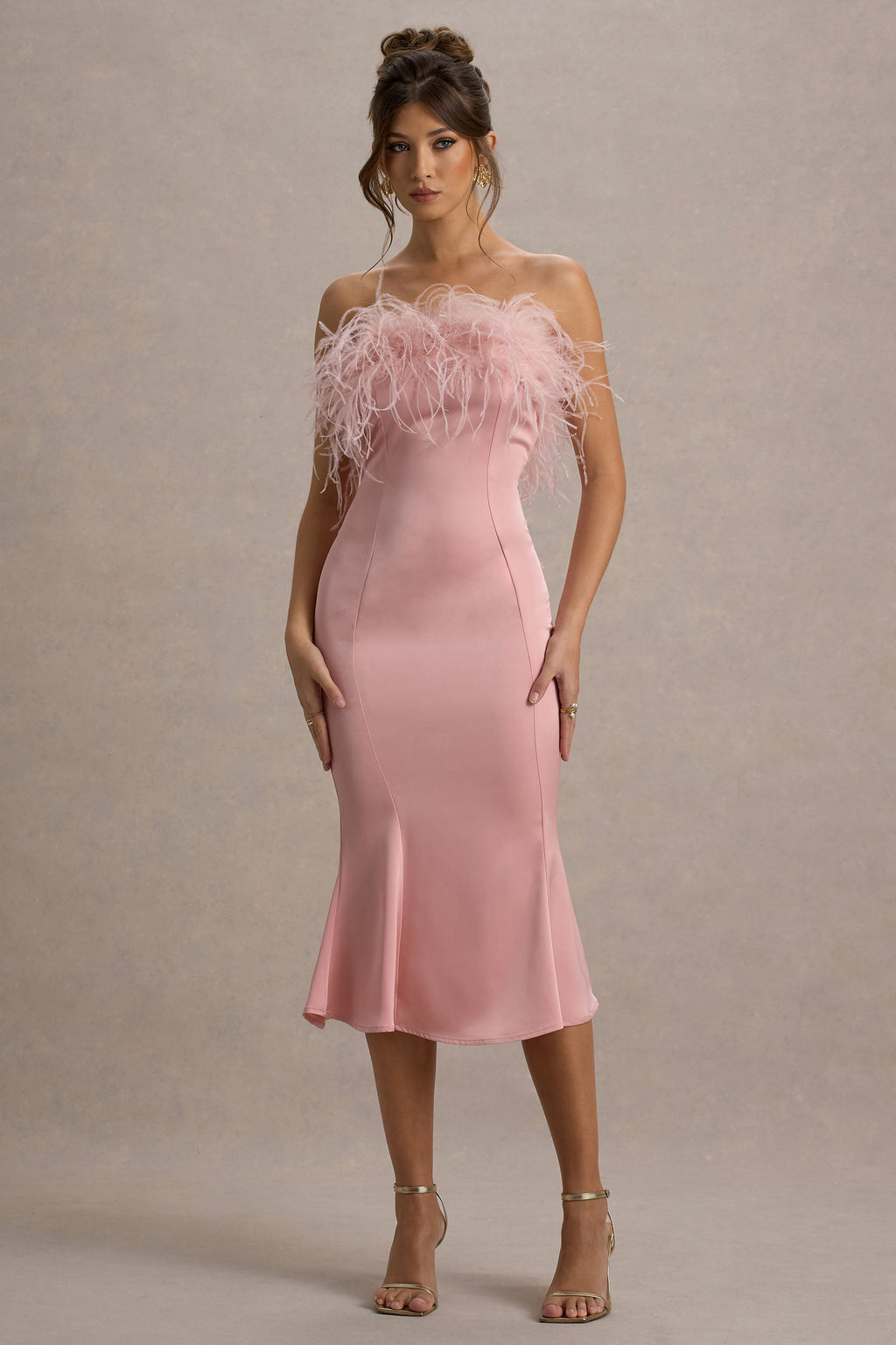 One And Only | Light Pink Satin Feather Trim Bandeau Midi Dress
