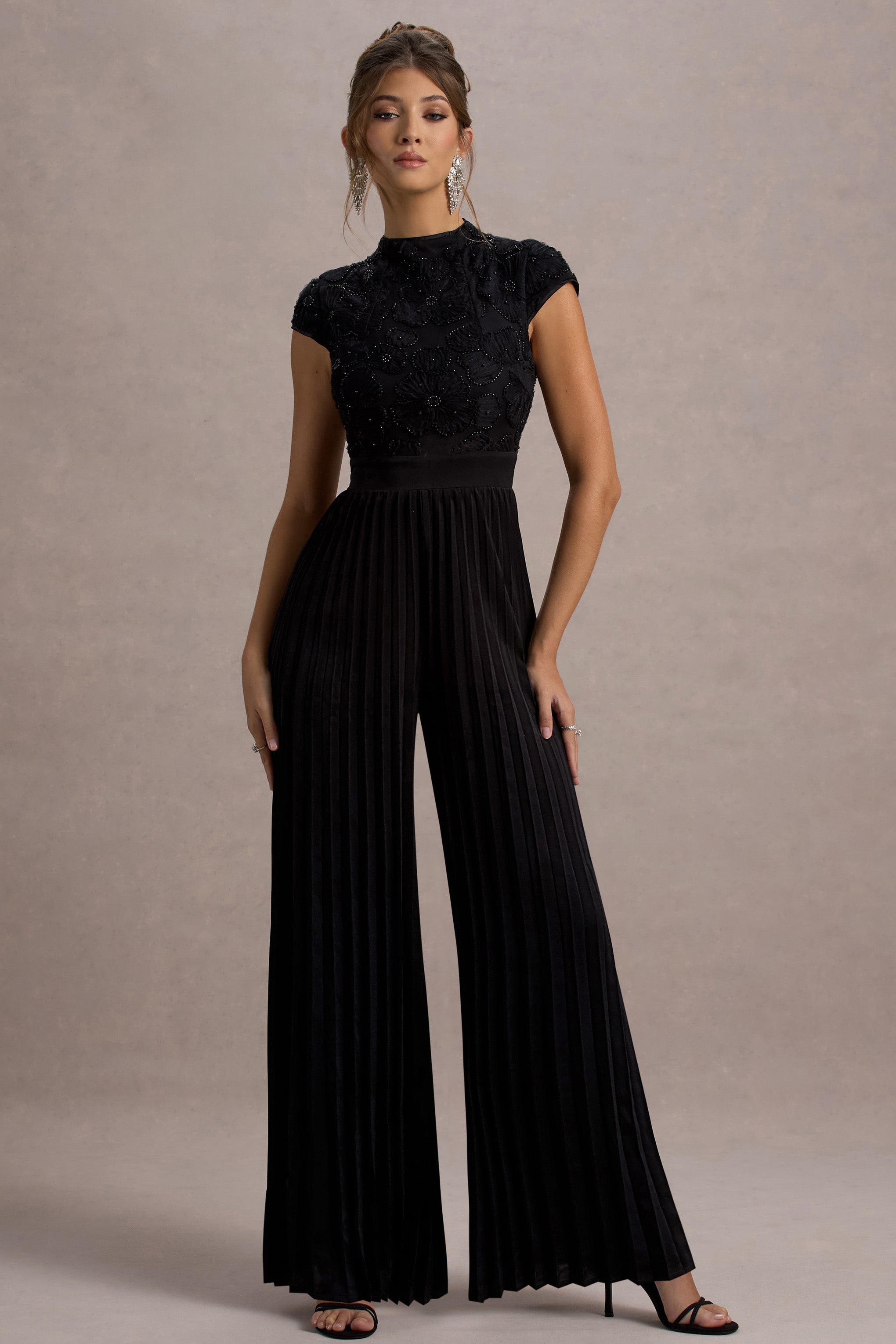 Tanner | Black Cap-Sleeve Plisse Wide-Leg Jumpsuit