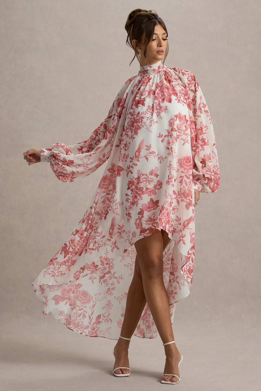 Delphia | Pink Porcelain Print High-Neck Maxi Dress With High-Low Hem
