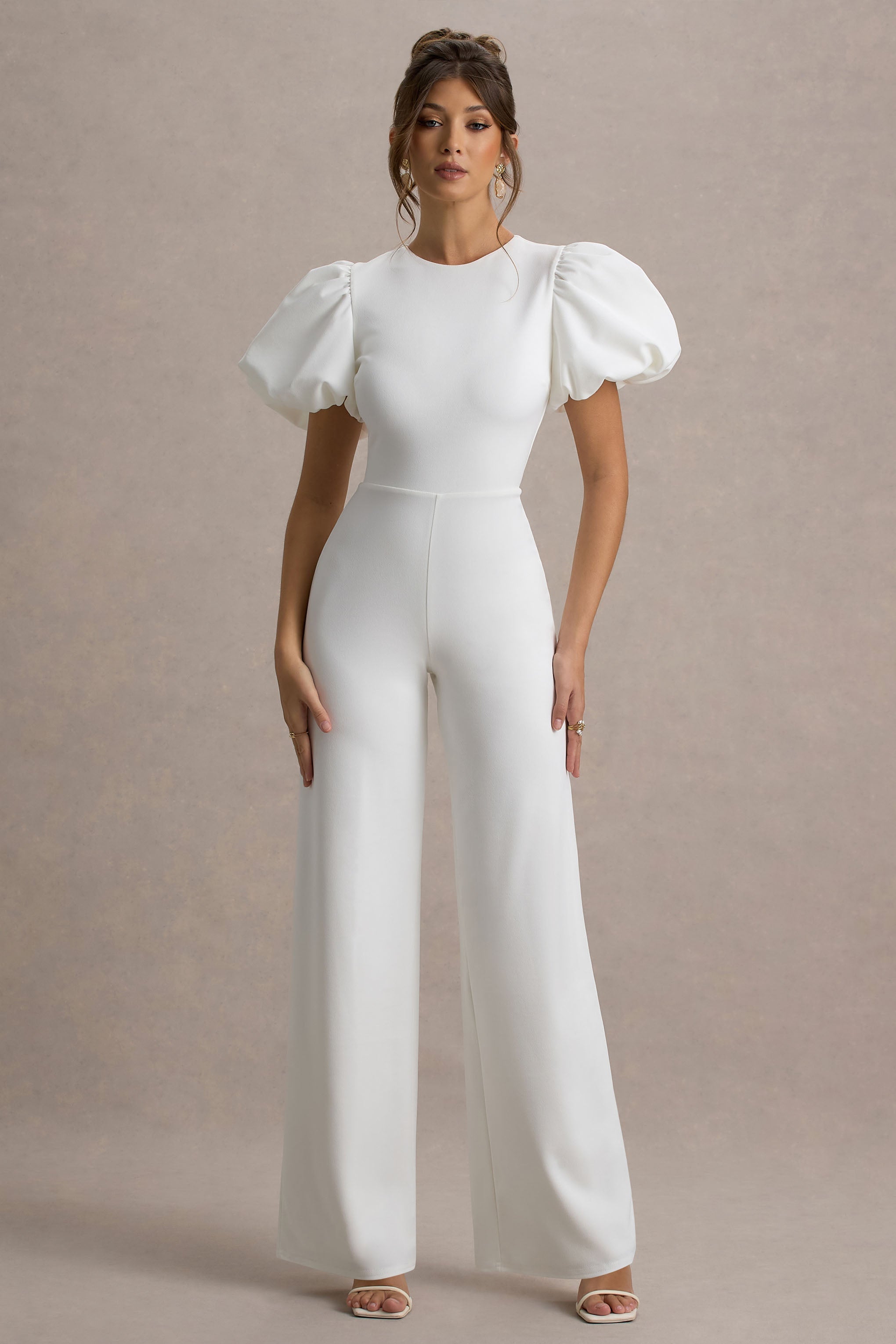Dillon | White Puff-Sleeve Straight-Leg Jumpsuit