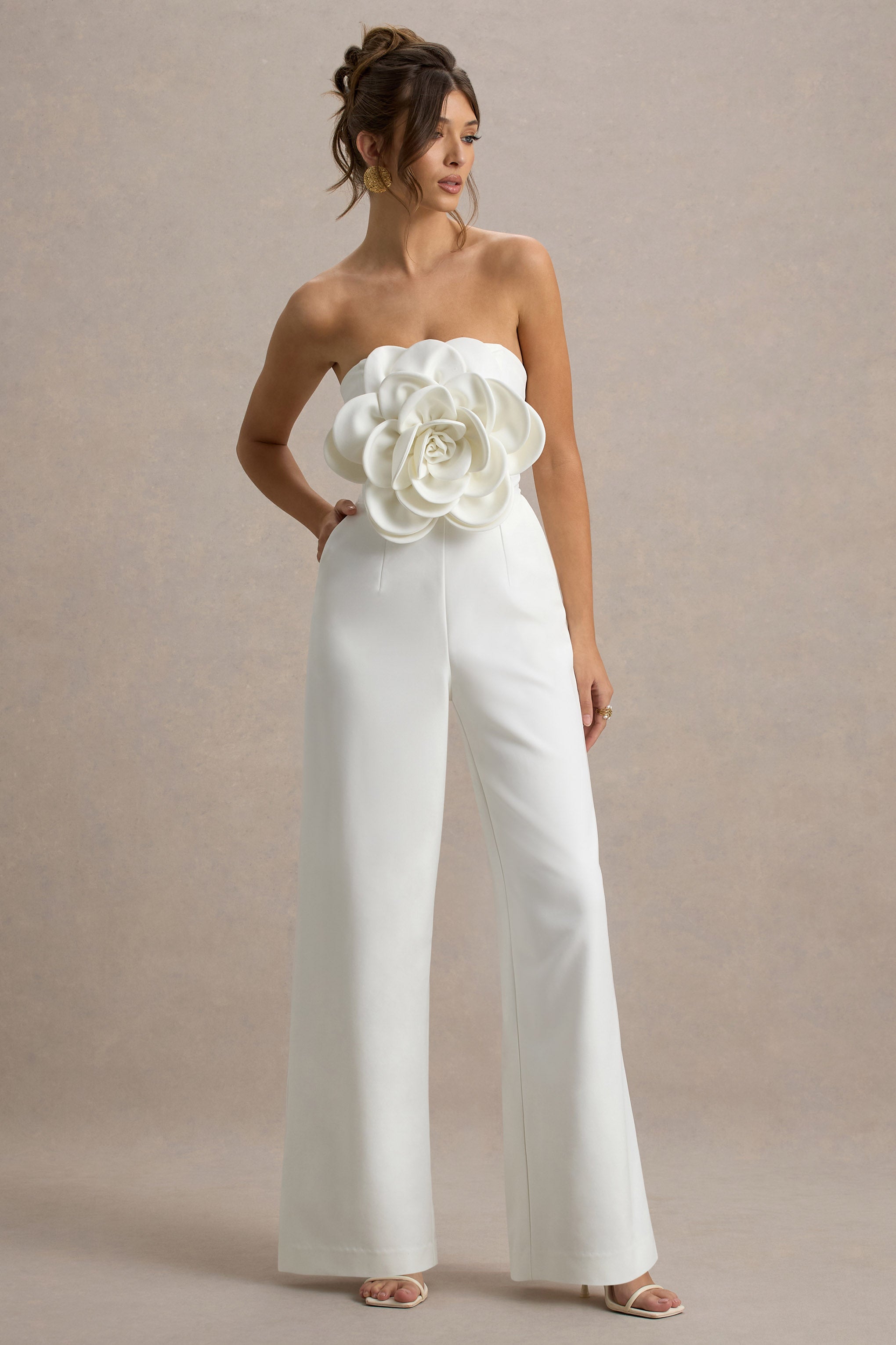 Opia | White Bandeau Wide-Leg Jumpsuit With Large Floral Corsage