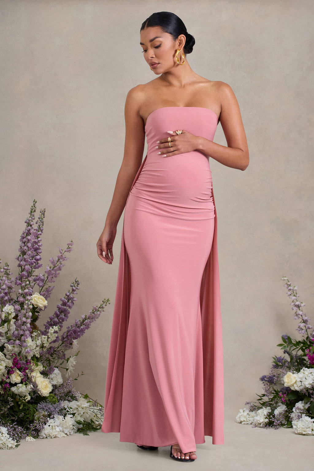 Christina | Blush Pink Bandeau Sleeveless Maternity Maxi Dress With Cape
