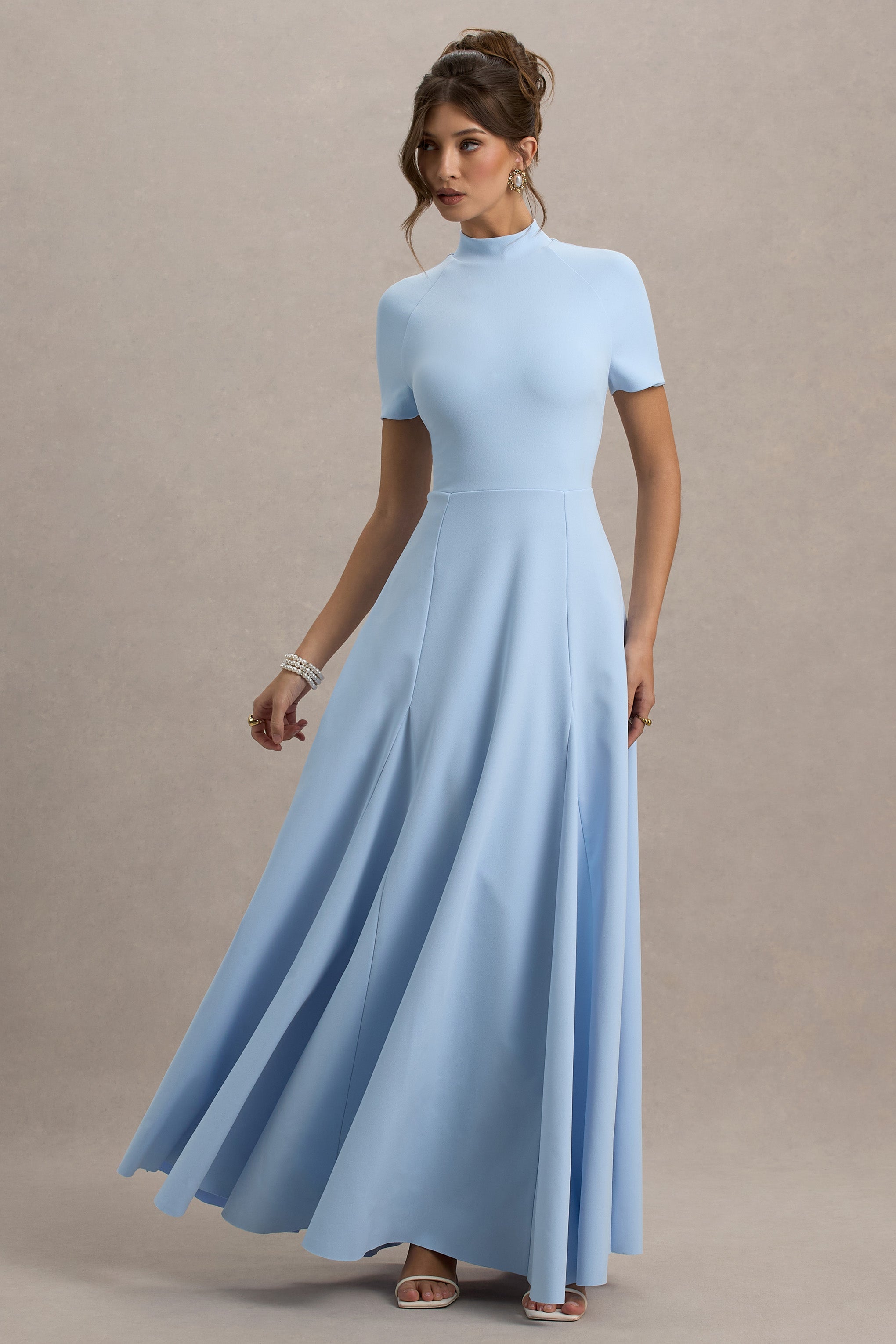 Alea | Powder Blue High-Neck Short-Sleeve Maxi Dress