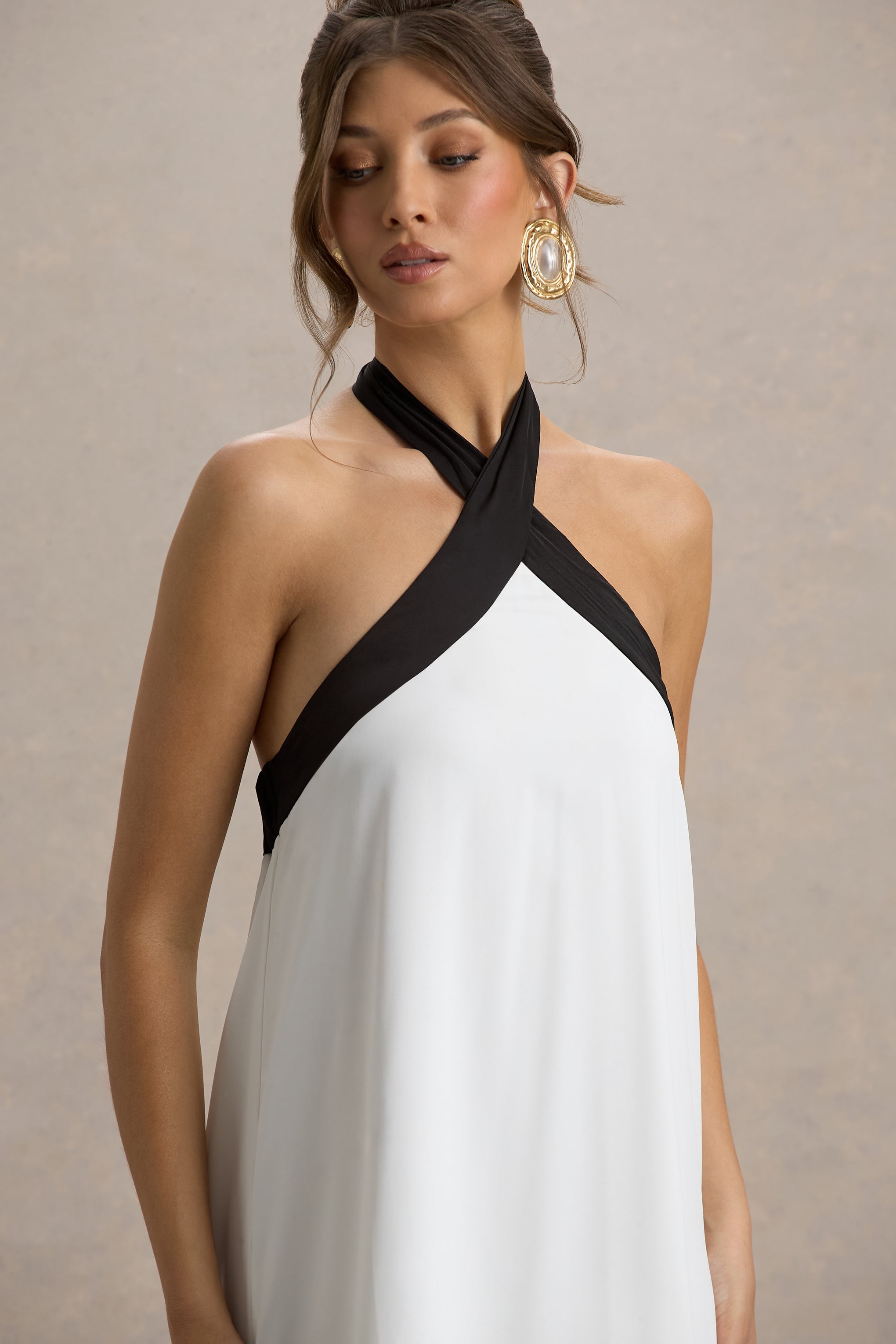 Clarabella | White & Black Halter-Neck Maxi Dress