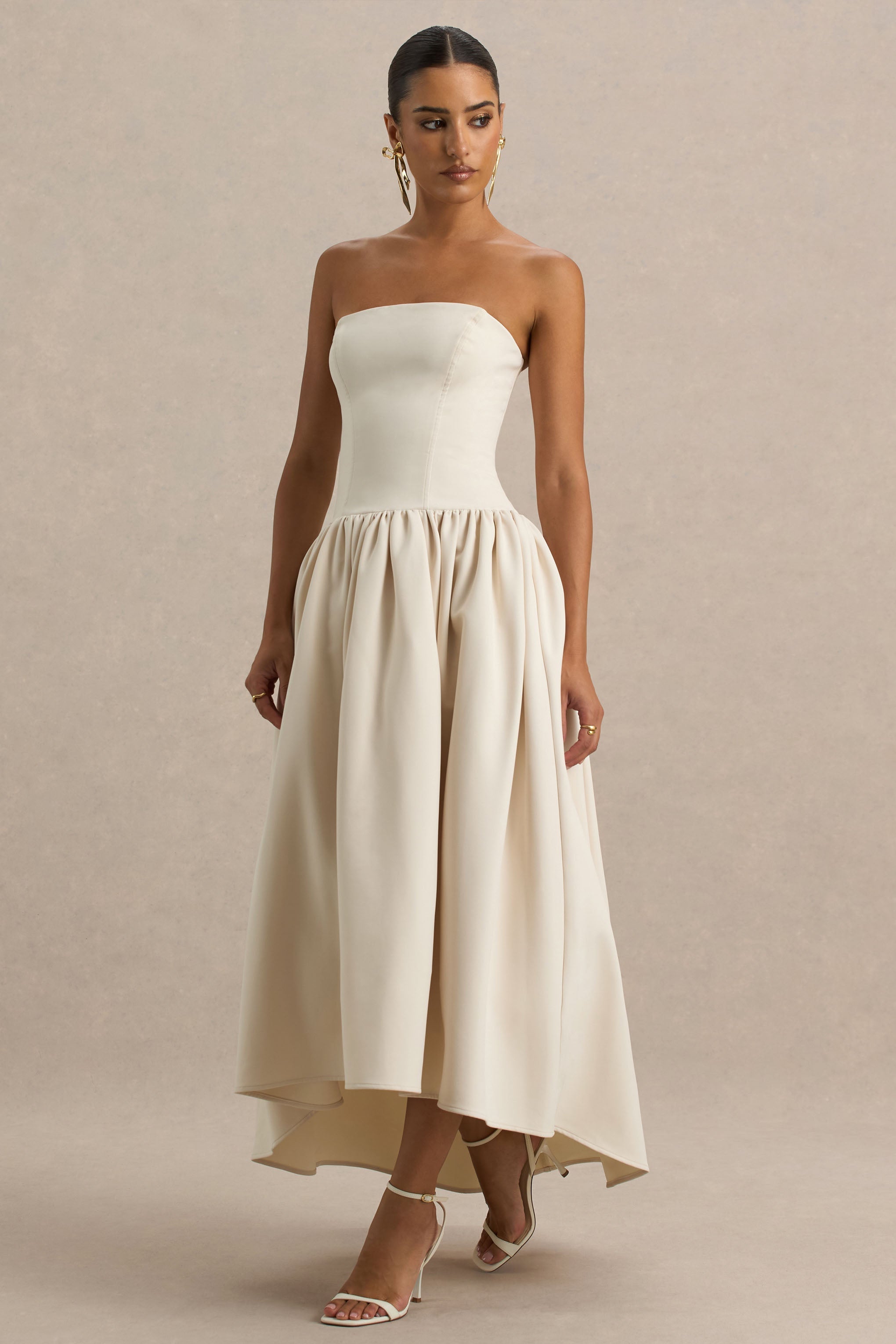 Candice | Cream Bandeau Volume Midi Dress With Back Bow Detail