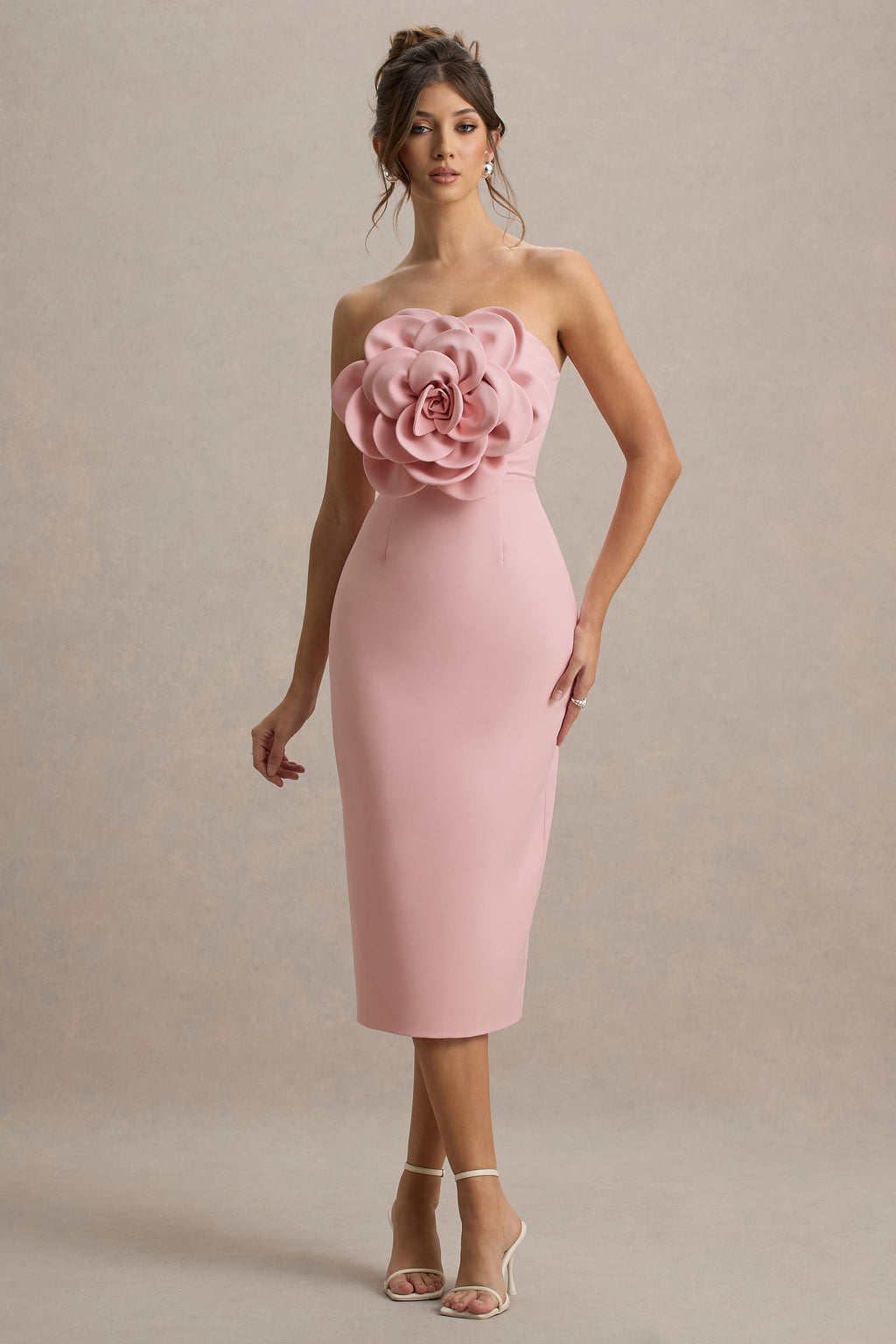 Phina | Pale Pink Bodycon Midi Dress With Large Floral Corsages