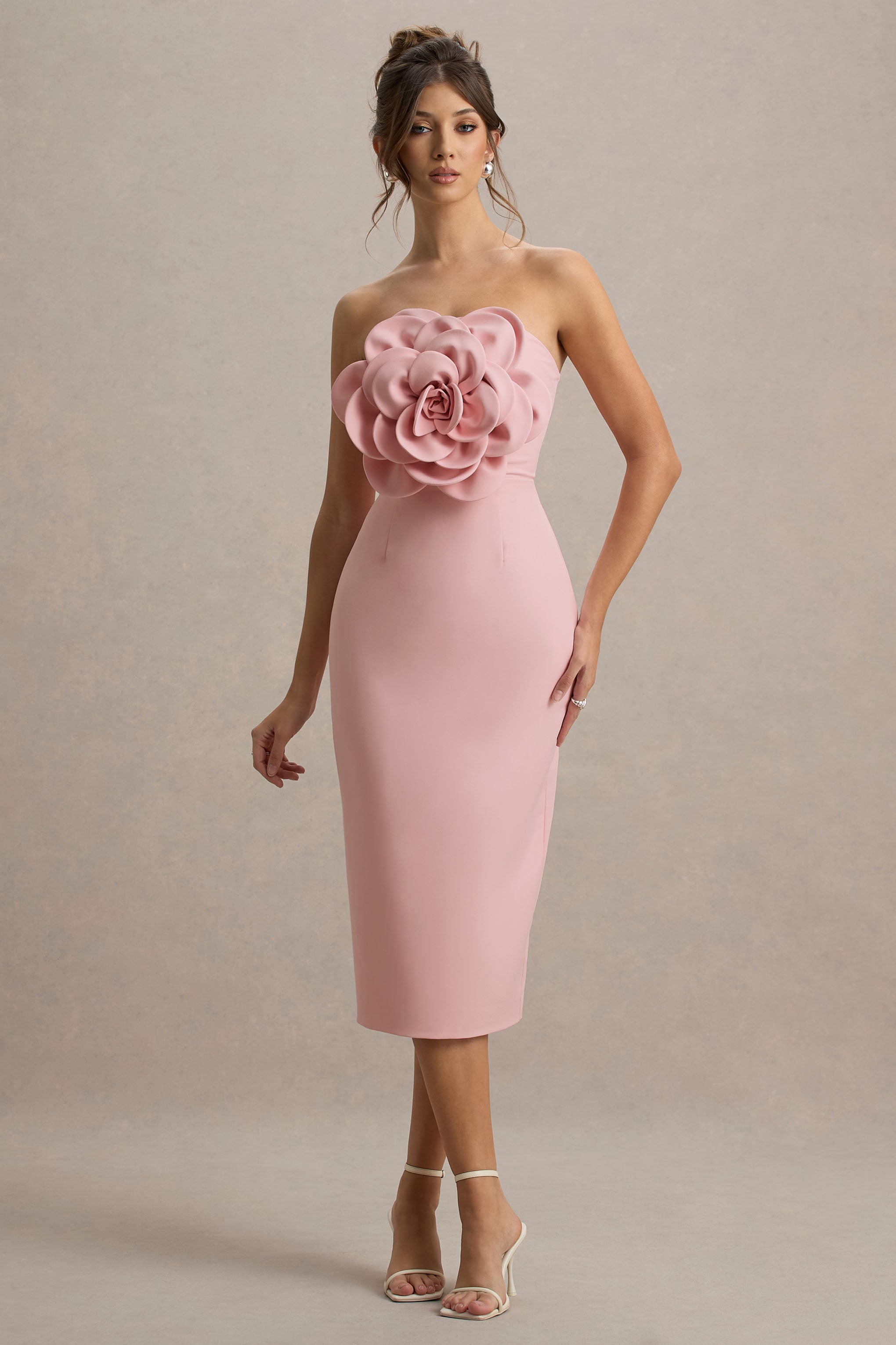 Phina | Pale Pink Bodycon Midi Dress With Large Floral Corsages