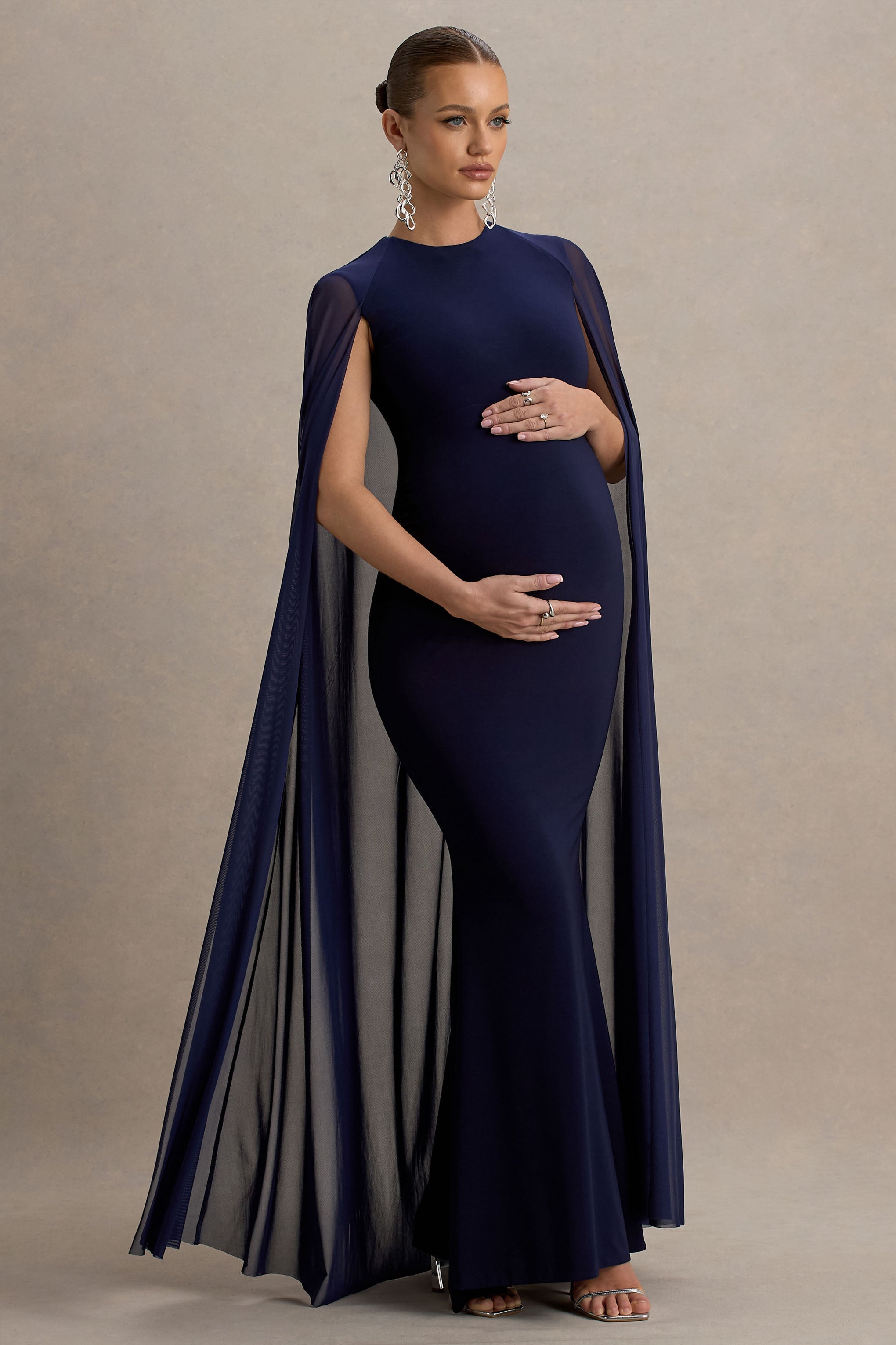 Currant | Navy High-Neck Maternity Maxi Dress With Cape