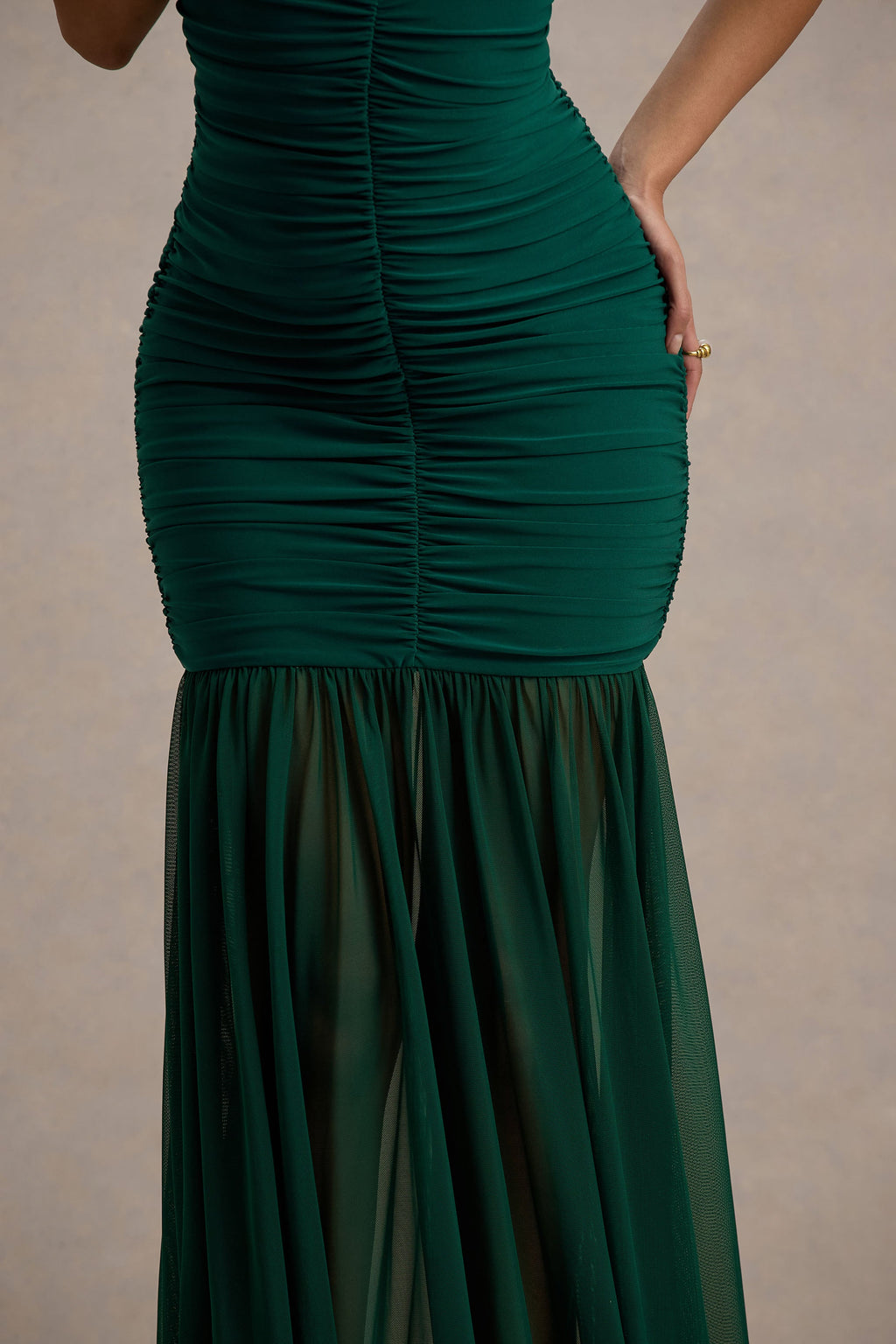 Pasqualina | Bottle Green Ruched Plunge-Neck Maxi Dress