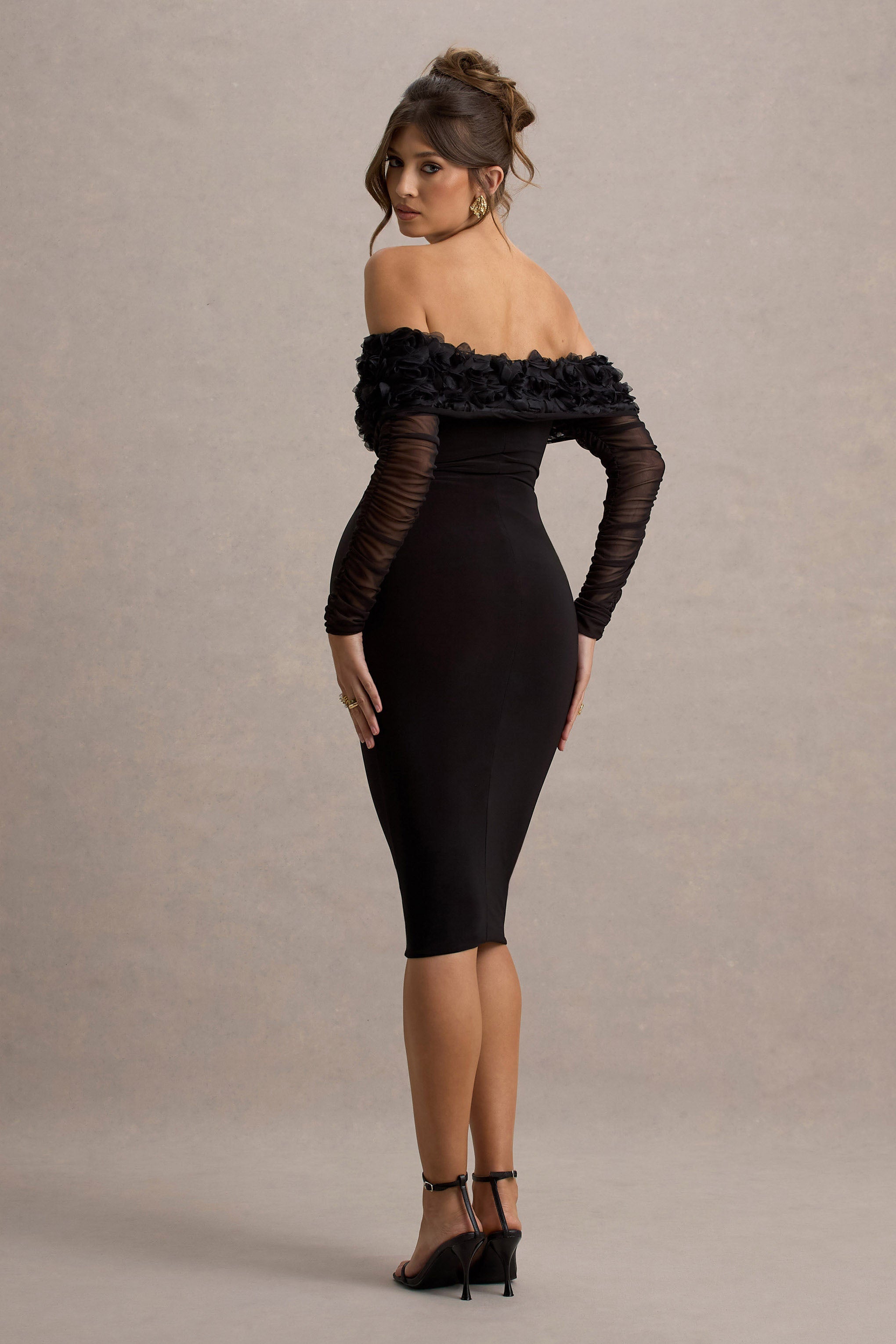 Adita | Black Mesh Floral Bardot Maternity Midi Dress