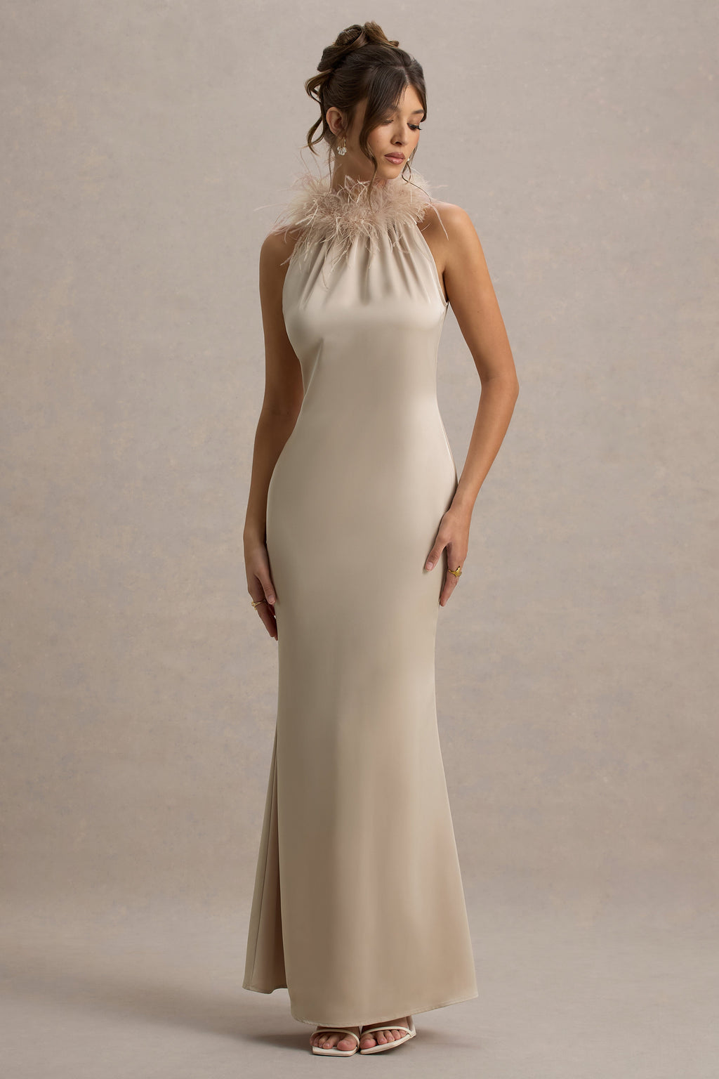 Bianca | Champagne Satin Feather-Trim Maxi Dress