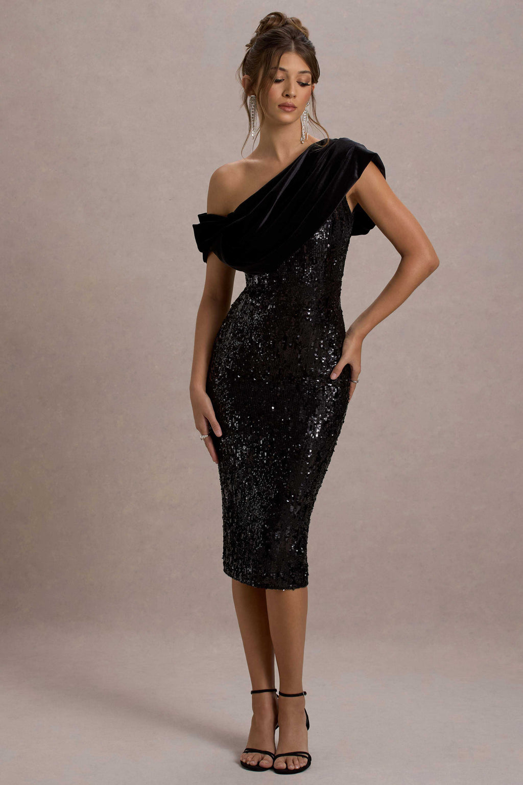 Volute | Black Sequin One-Shoulder Draped Midi Dress