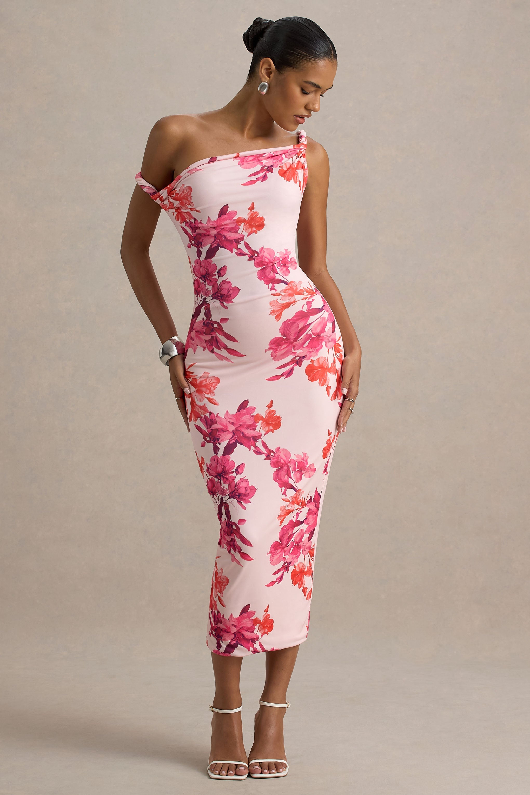Tatian | Pink and Orange Floral Print Twisted Asymmetric Midi Dress