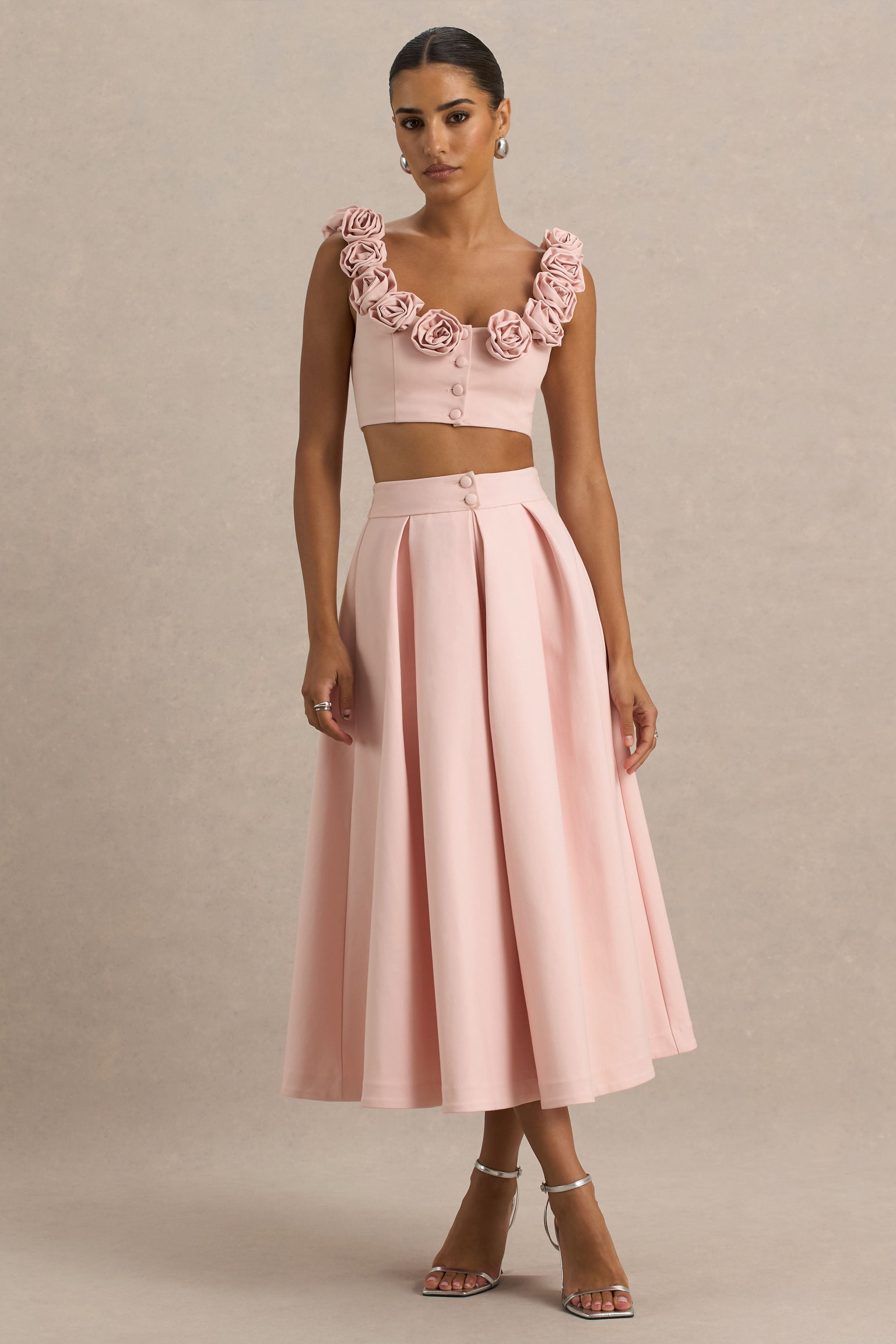 Sara | Baby Pink Midi Skirt With Buttons