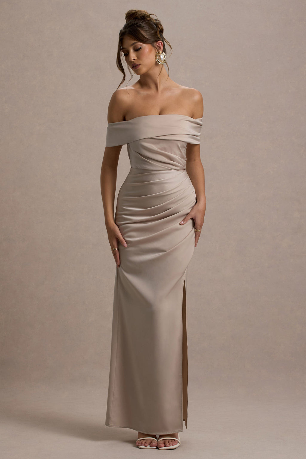 Martine | Champagne Satin Bardot Wrap Maxi Dress