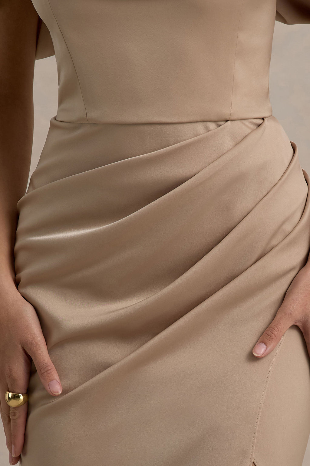 Annie | Champagne Satin Bardot Maxi Dress With Split Wrap Skirt