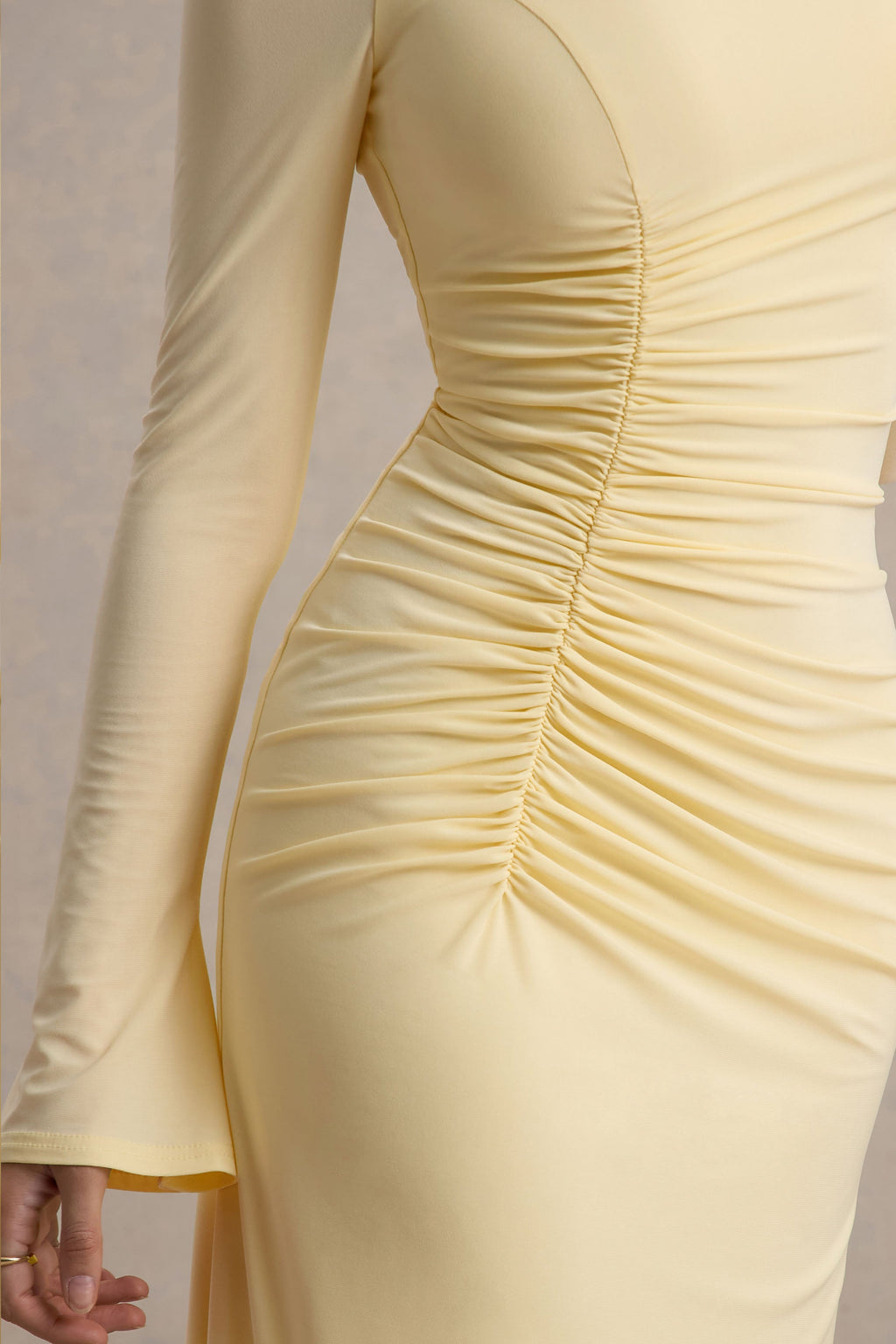 Cassandra | Pale Lemon High-Neck Long-Sleeve Midi Dress