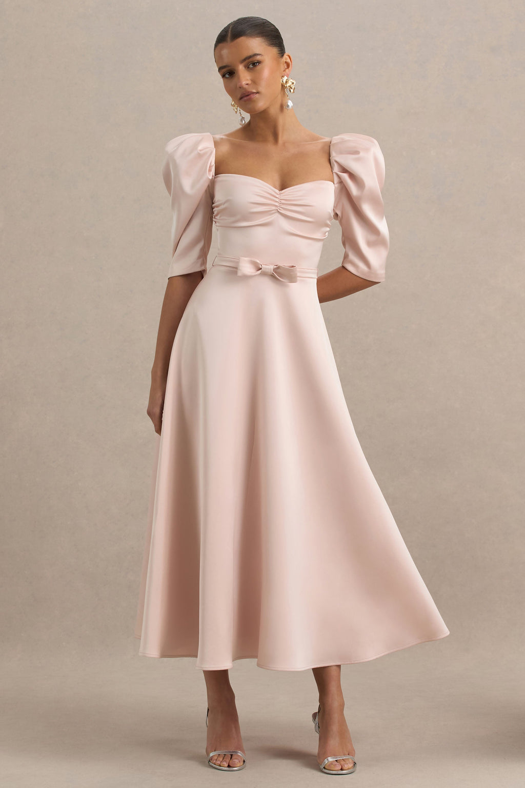 Rosey | Pale Pink Satin Sweetheart Midi Dress