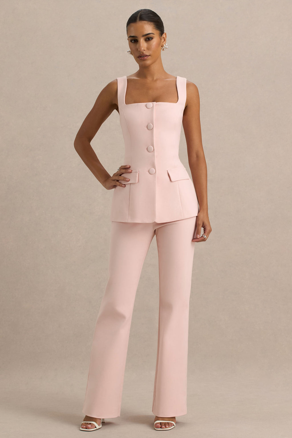 Aceline | Baby Pink Square-Neck Tailored Jumpsuit