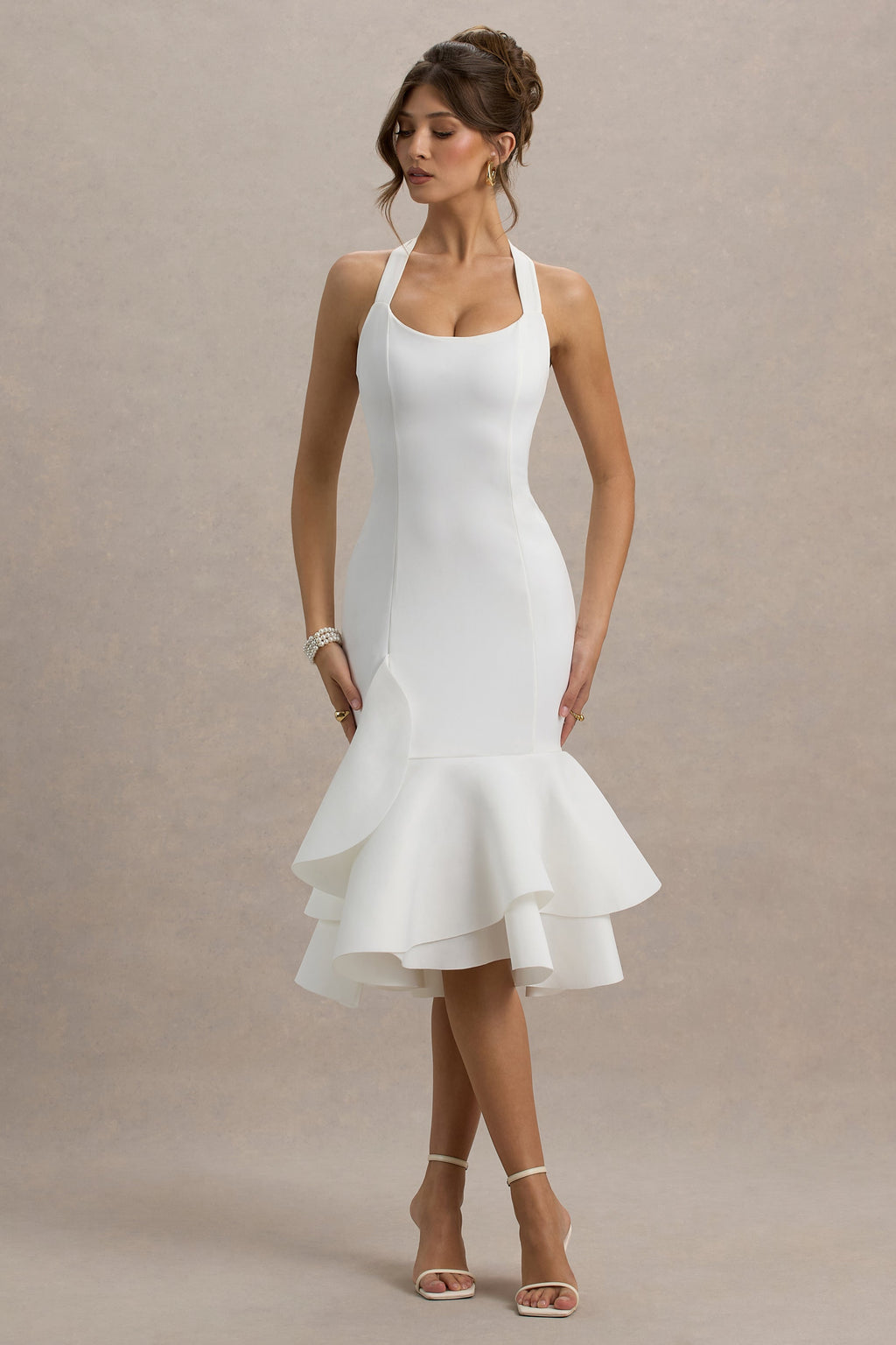 Arla | White Halter Neck Ruffle Trim Midi Dress