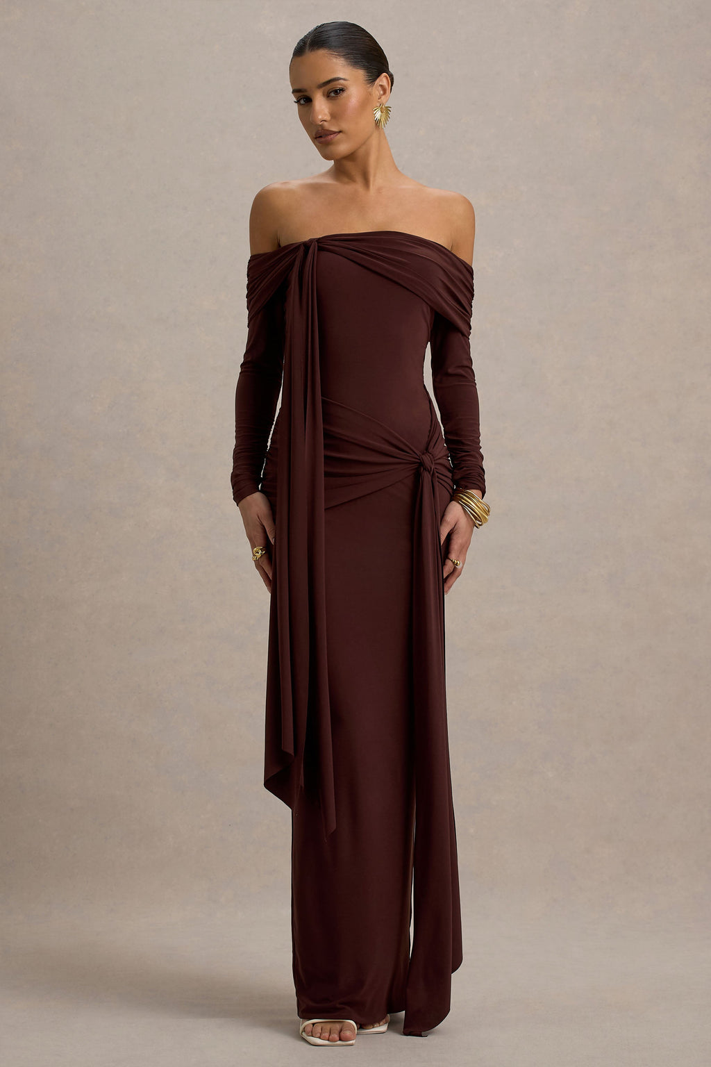 Jovie | Brown Bardot Wrap Maxi Dress With Sash Detail