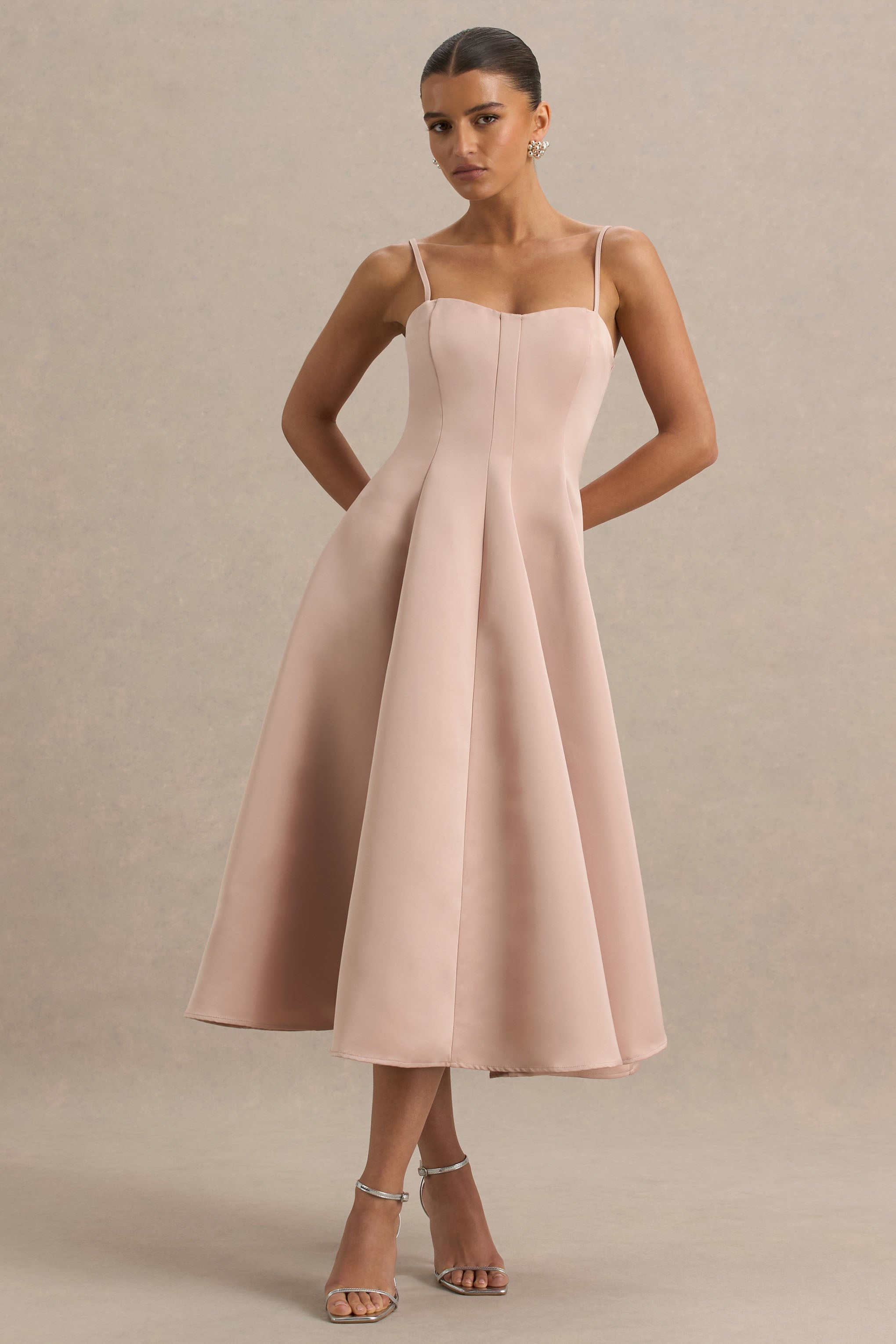Mally | Rose Pink Satin Sweetheart A-Line Midi Dress