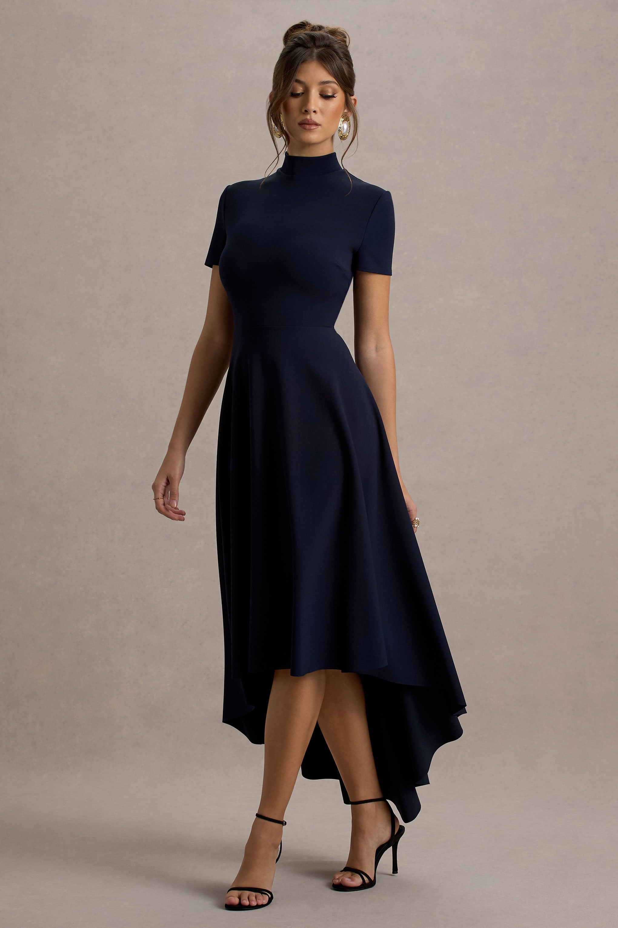 Bellona | Navy High-Neck High-Low Midi Dress