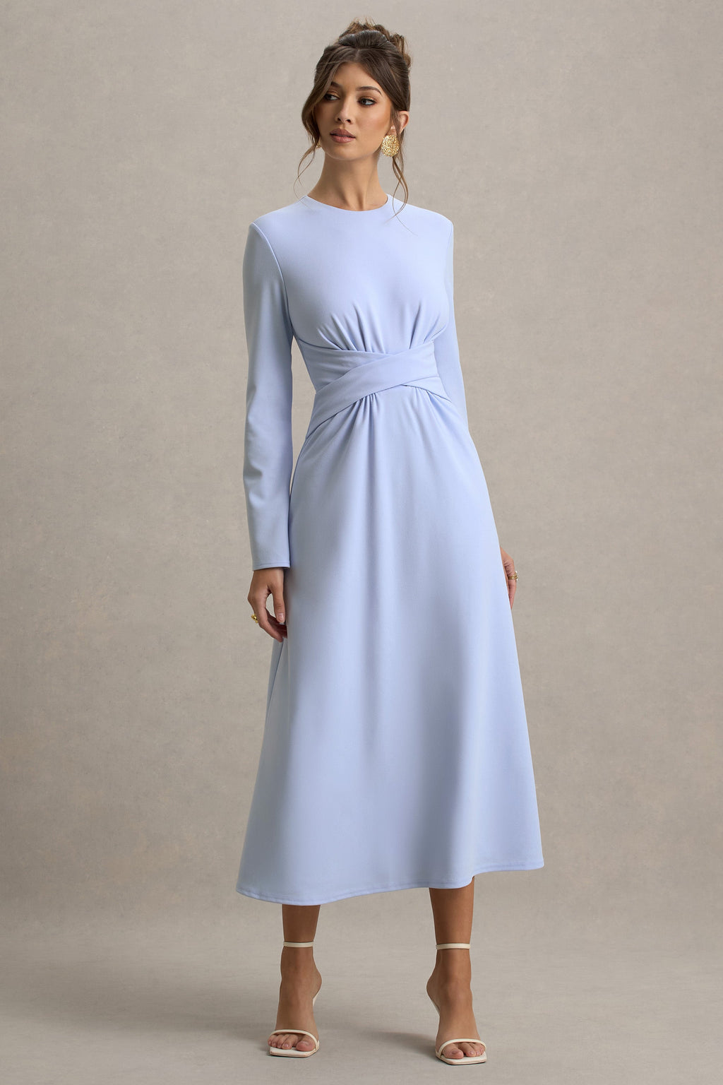 Cassiopeia | Powder Blue Long-Sleeve Midi Dress With Cross Waist