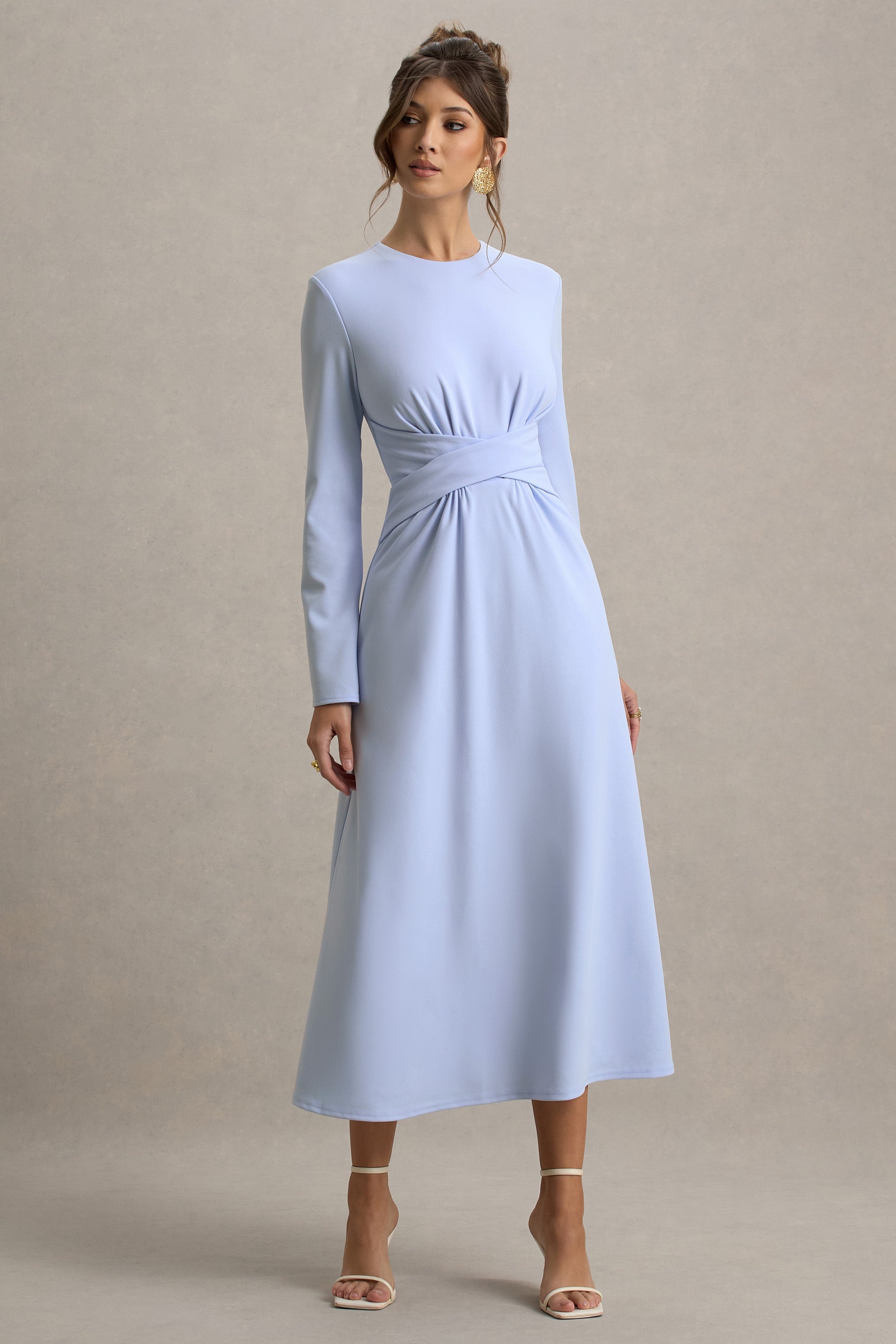 Cassiopeia | Powder Blue Long-Sleeve Midi Dress With Cross Waist