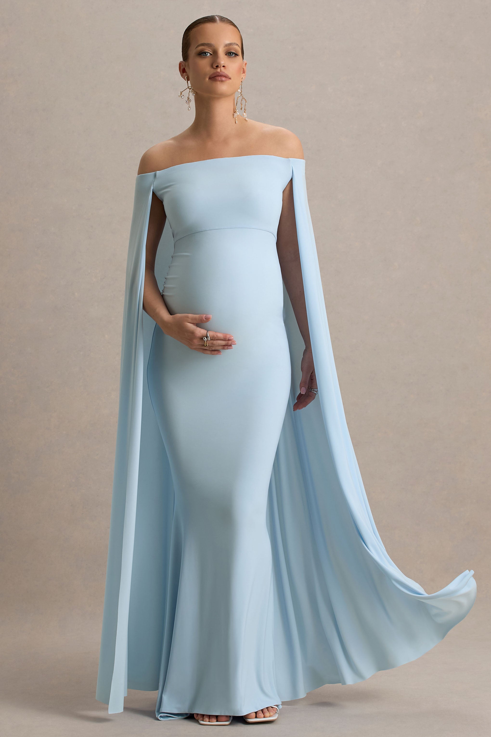 Radiance | Powder Blue Bardot Maternity Maxi Dress With Cape