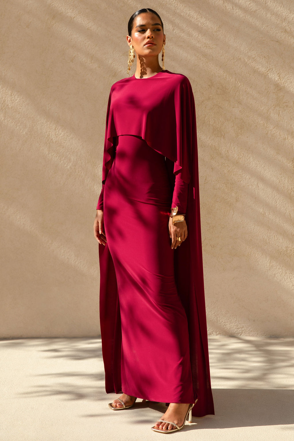 Belinda | Burgundy Draped Maxi Dress With Cape Sleeves