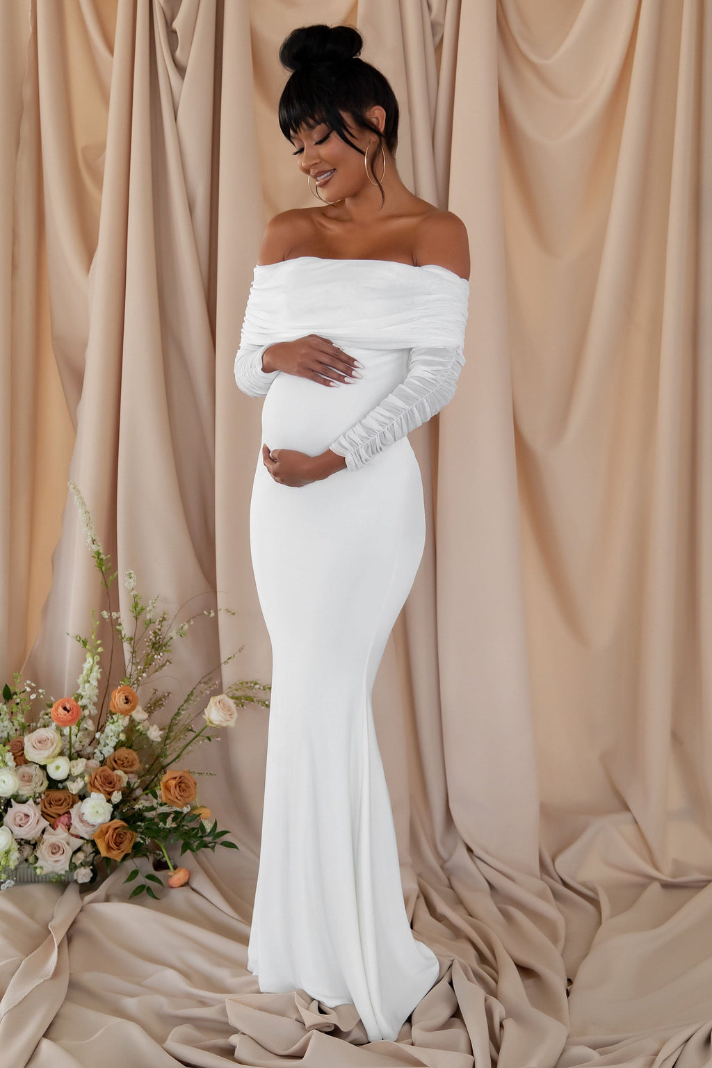Pretty Perfect | White Maternity Ruched Mesh Bardot Maxi Dress