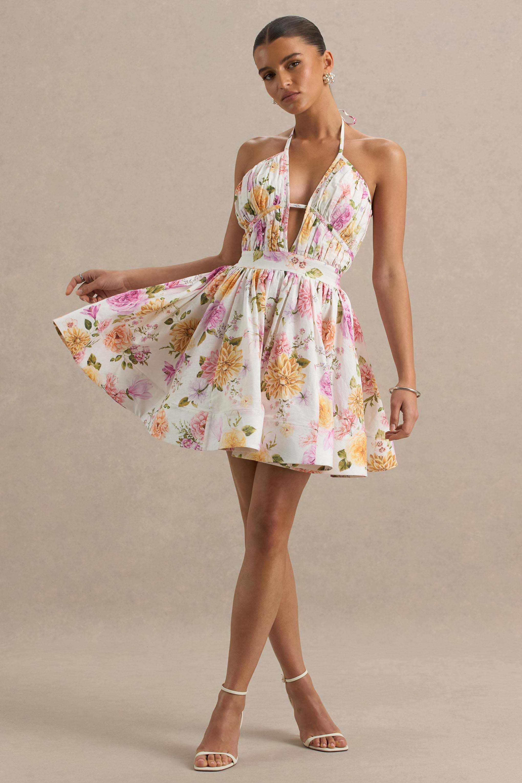 Kasey | Cream Floral Print Halter-Neck Mini Dress With Ruffle Detail
