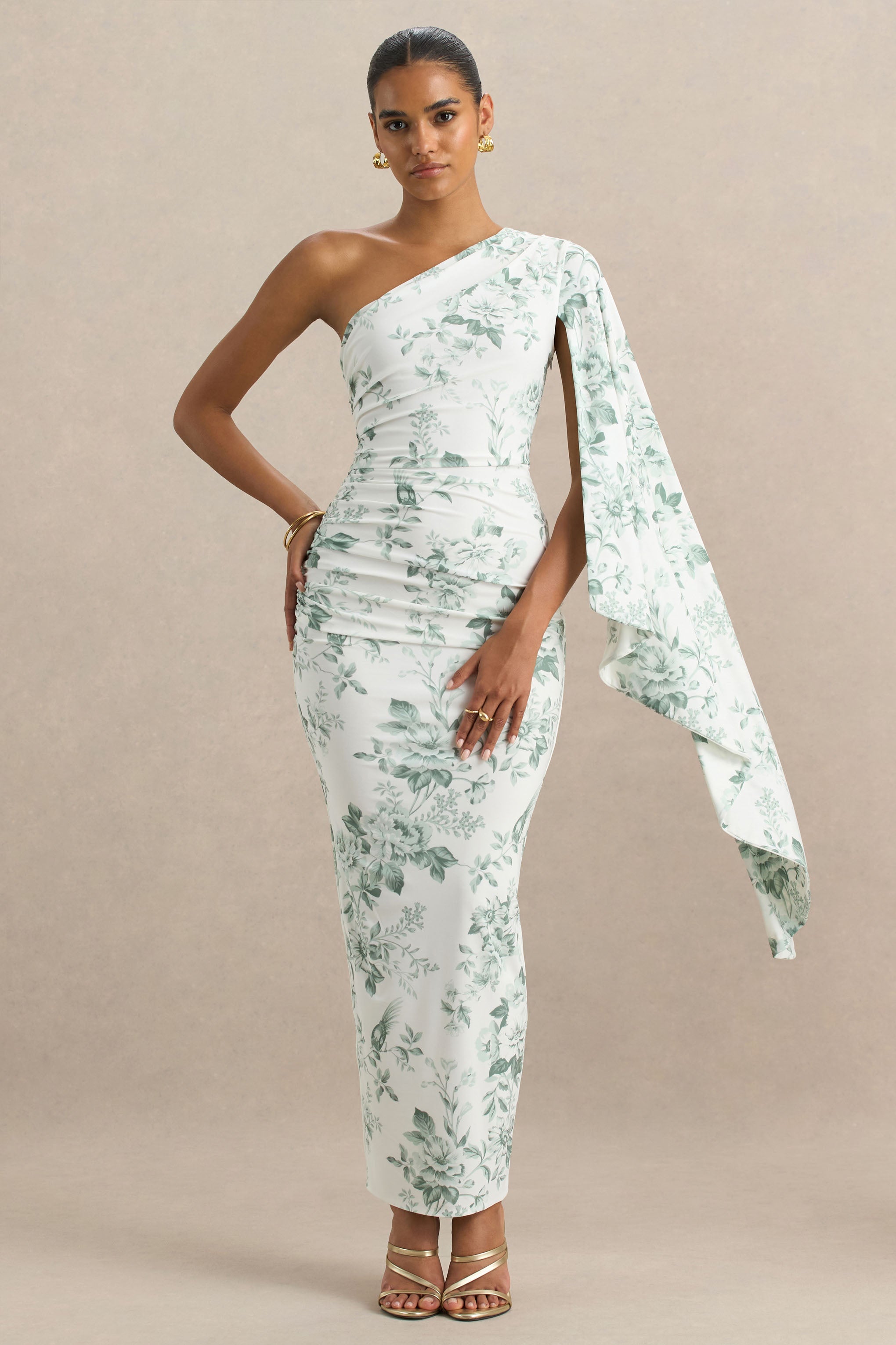 Clementina | Green Porcelain Print Asymmetric Cape Sleeve Maxi Dress