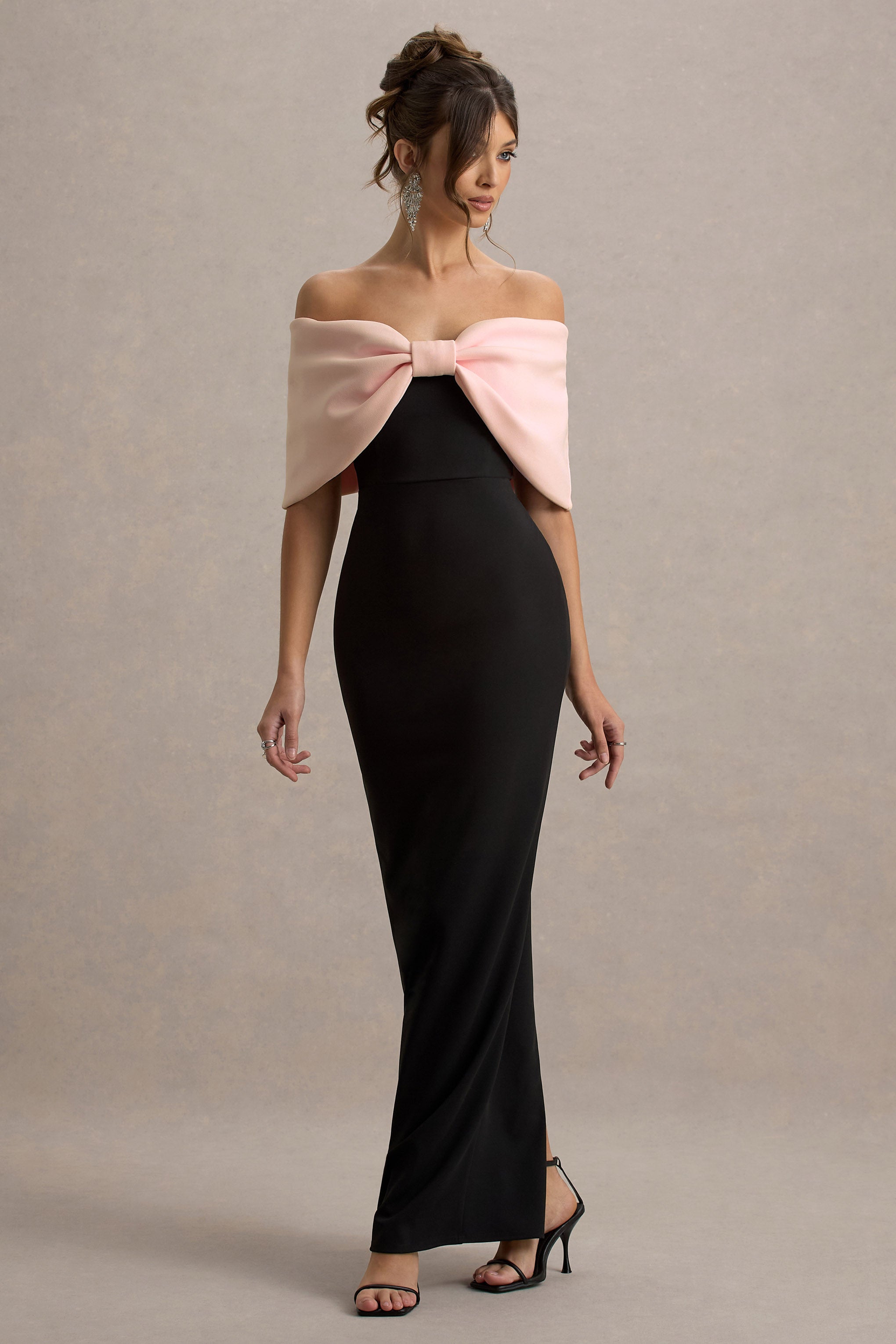 Cornelia | Pink & Black Strapless Maxi Dress With Oversized Bow