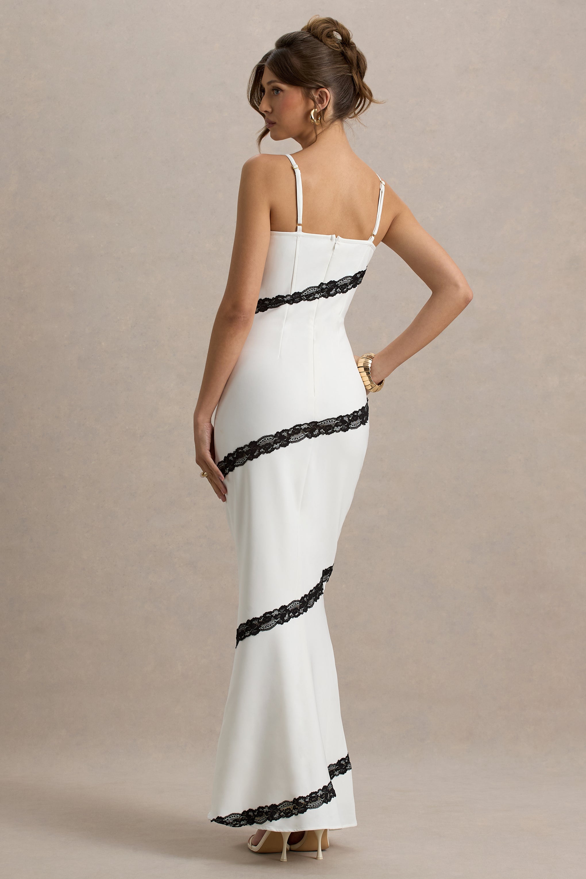 Elizabeth | White & Black Strappy Lace-Trimmed Maxi Dress