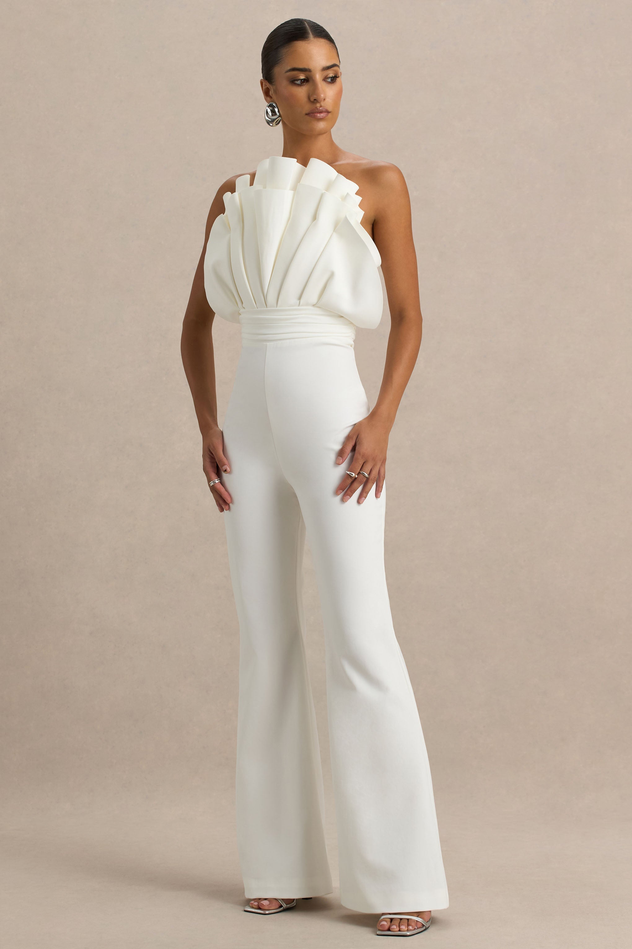Riga | White Ruffled Asymmetric Jumpsuit