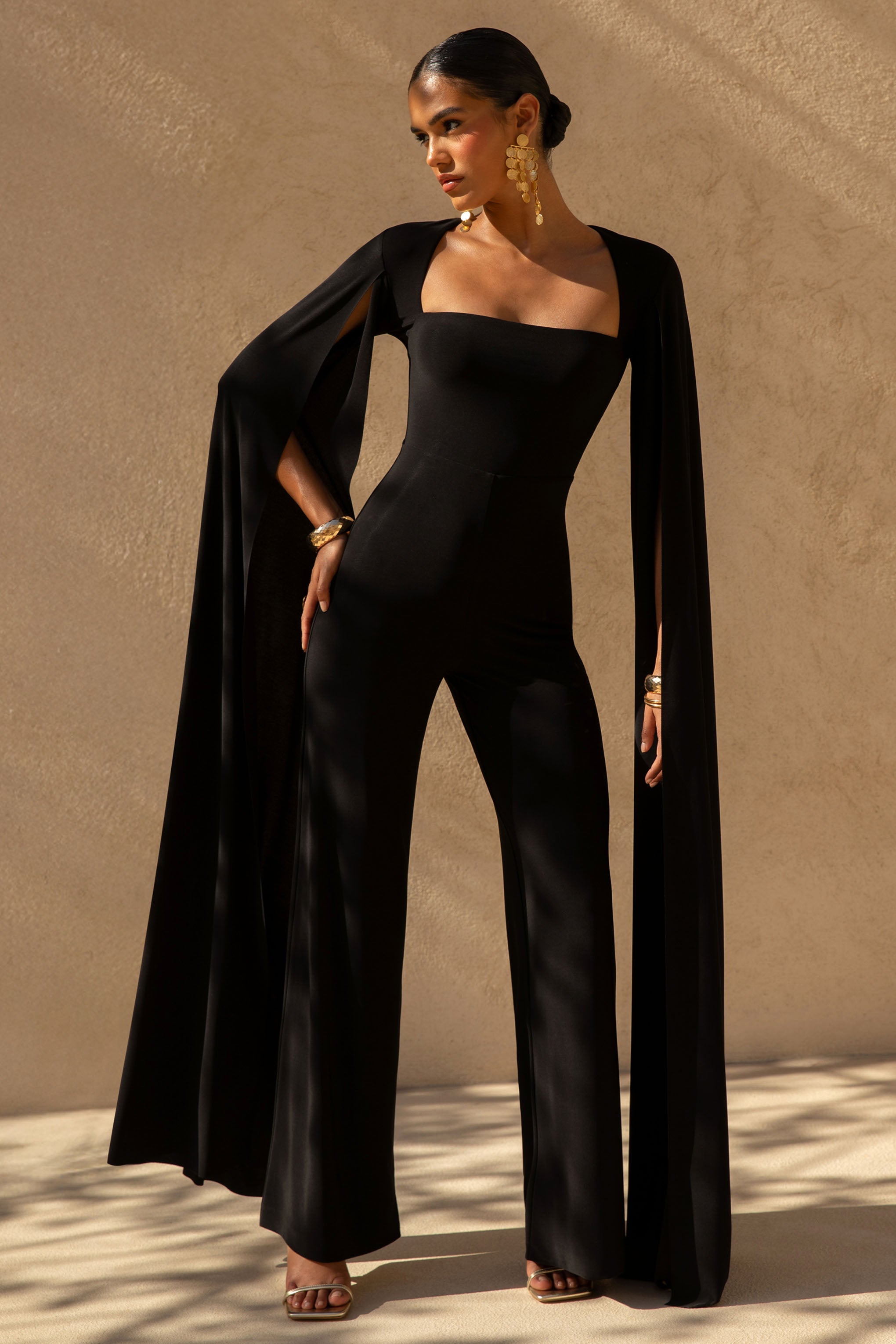 Zara | Black Square-Neck Jumpsuit With Cape Sleeves