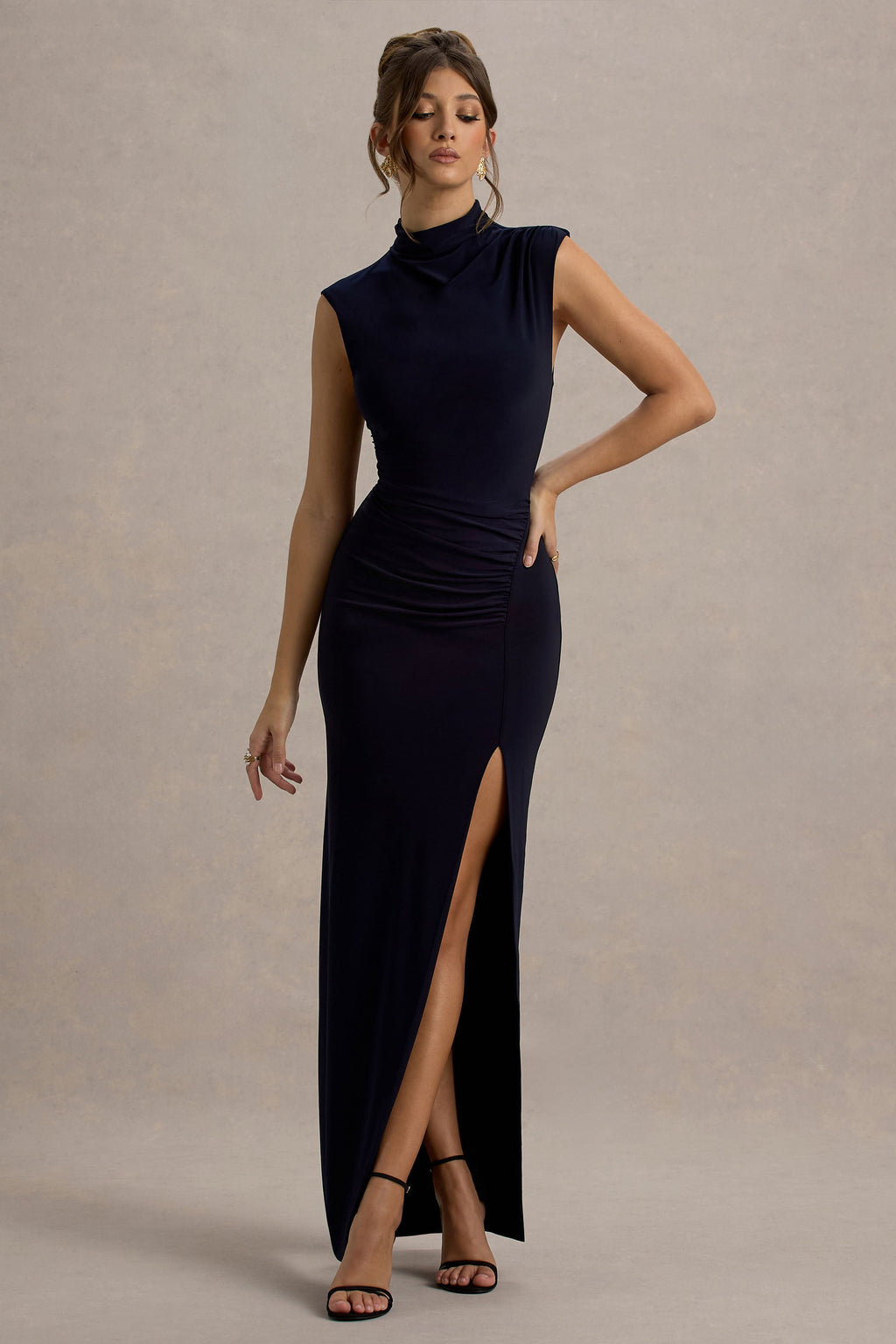 Lanetta | Navy Ruched High-Neck Maxi Dress With Split