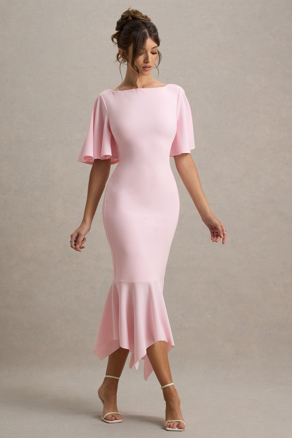Ashling | Pink Flutter-Sleeve Hanky-Hem Midi Dress