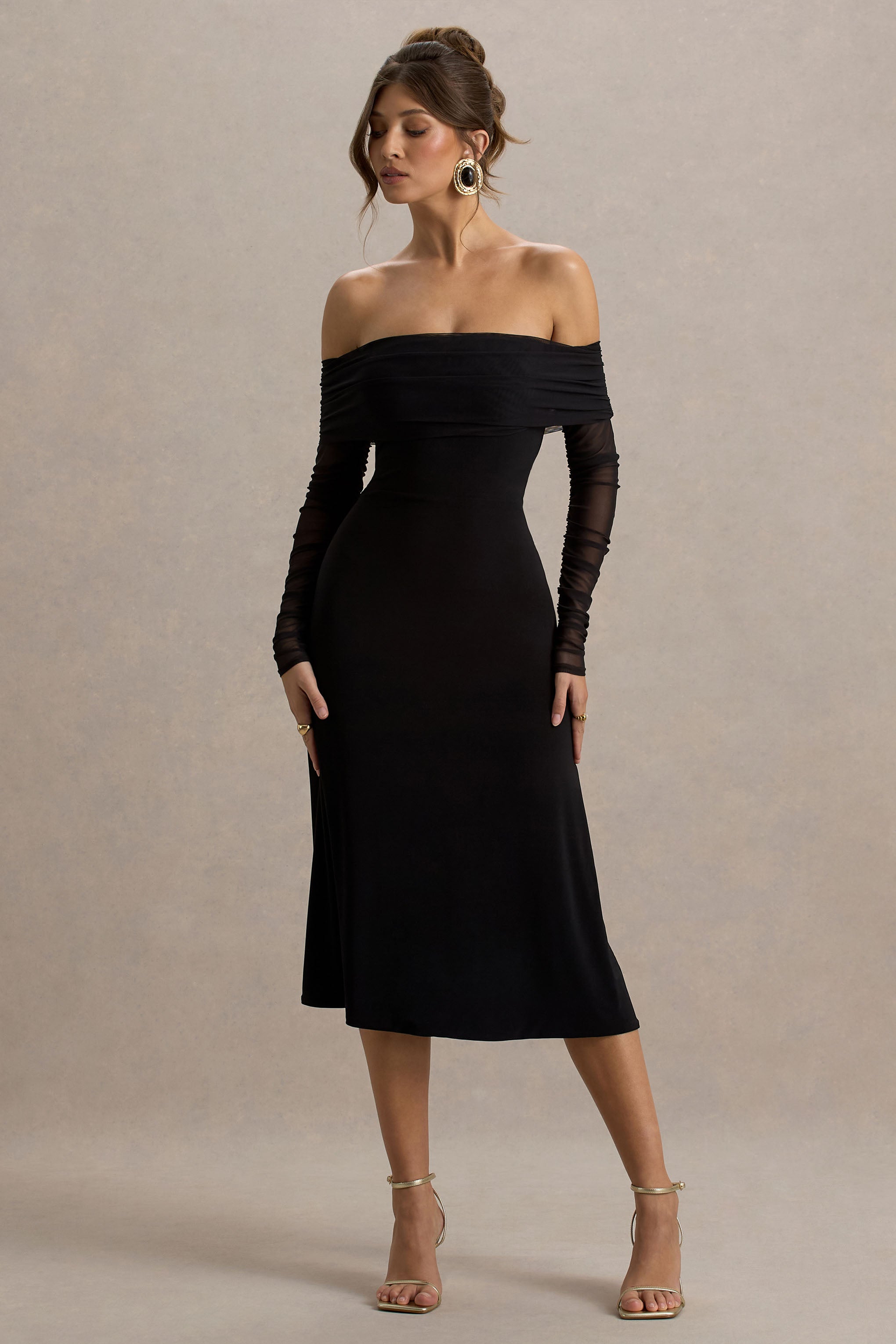 Flatter Me | Black Bardot Midi Dress With Mesh Sleeves