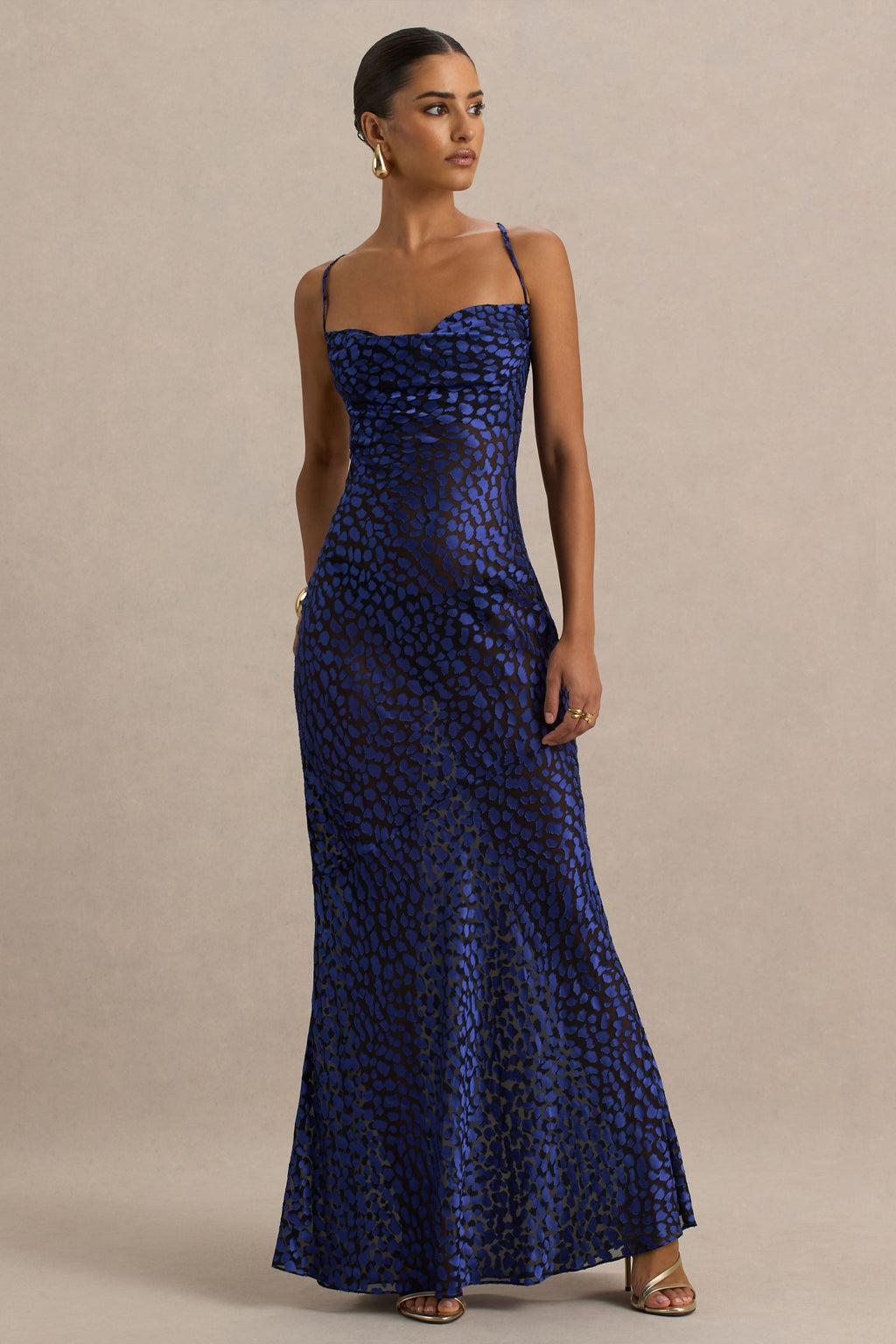 Marya | Blue Leopard Print Cowl-Neck Maxi Dress