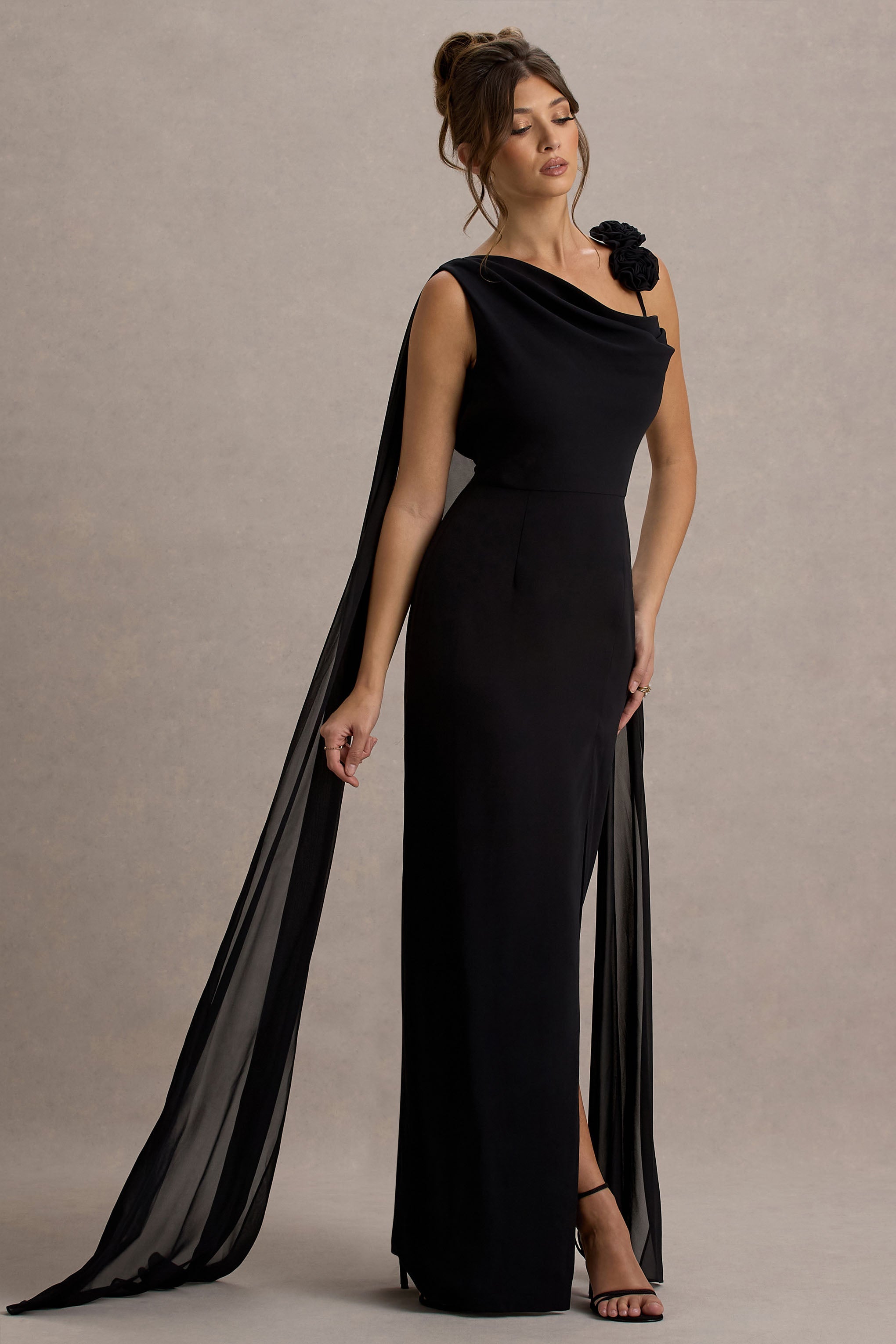 Angeline | Black Chiffon Draped Split Maxi Dress With Corsages