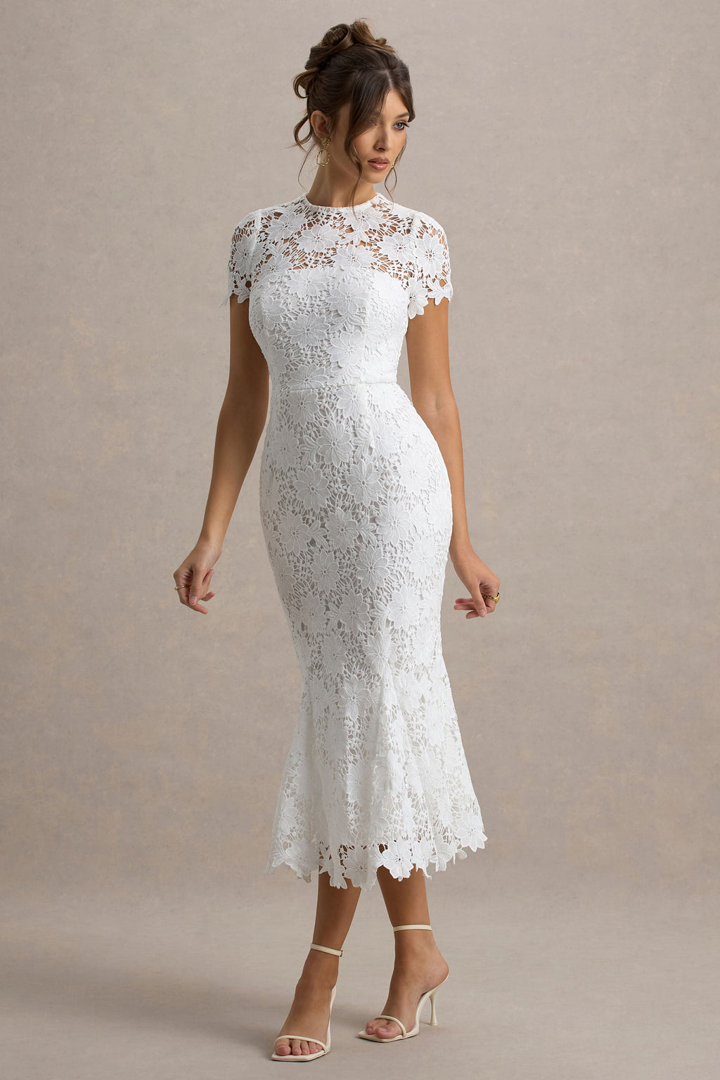 Clarissa | White Lace Short-Sleeve Pleated Midi Dress