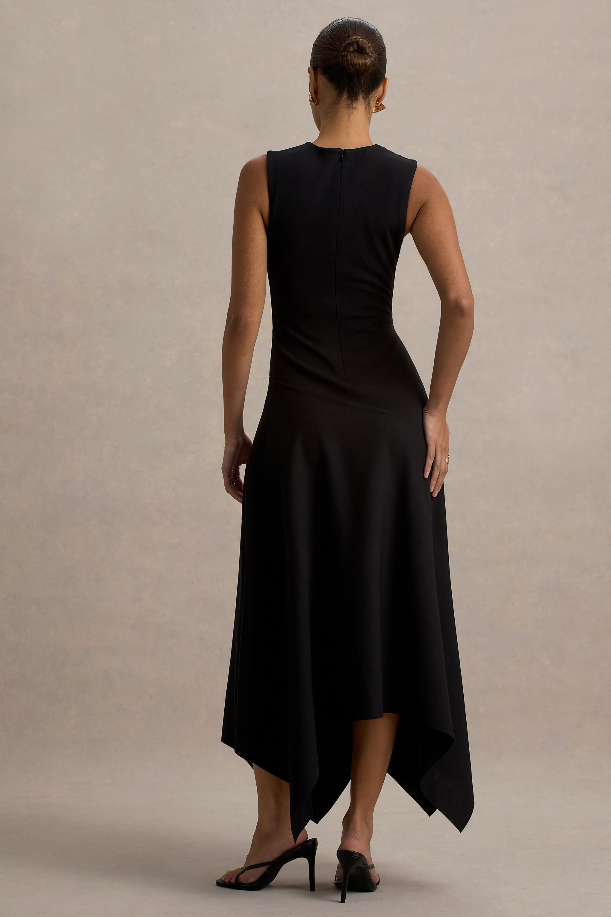 Francesca | Black Knotted Midi Dress With Handkerchief Hem