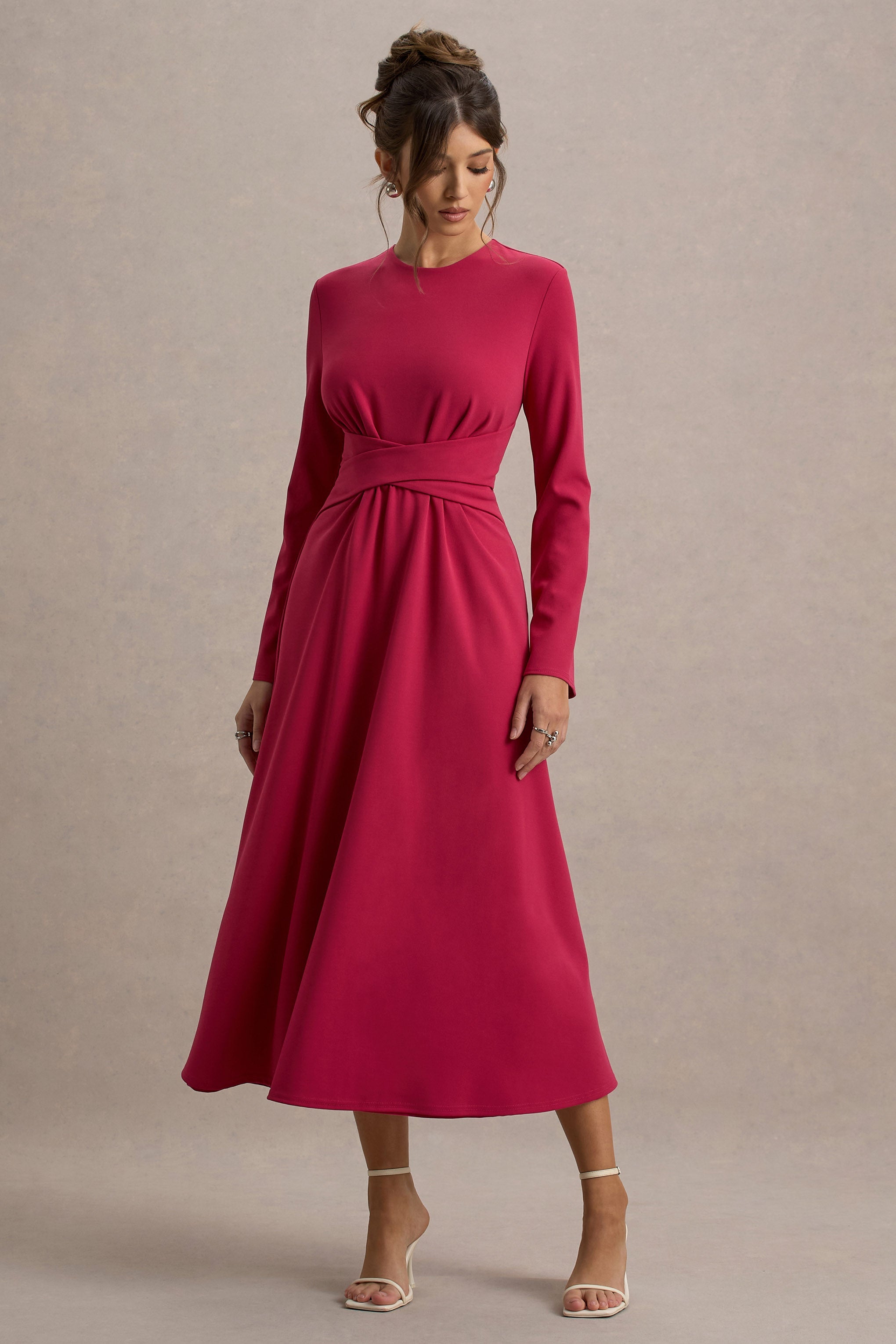 Cassiopeia | Hot Pink Long-Sleeve Midi Dress With Cross Waist