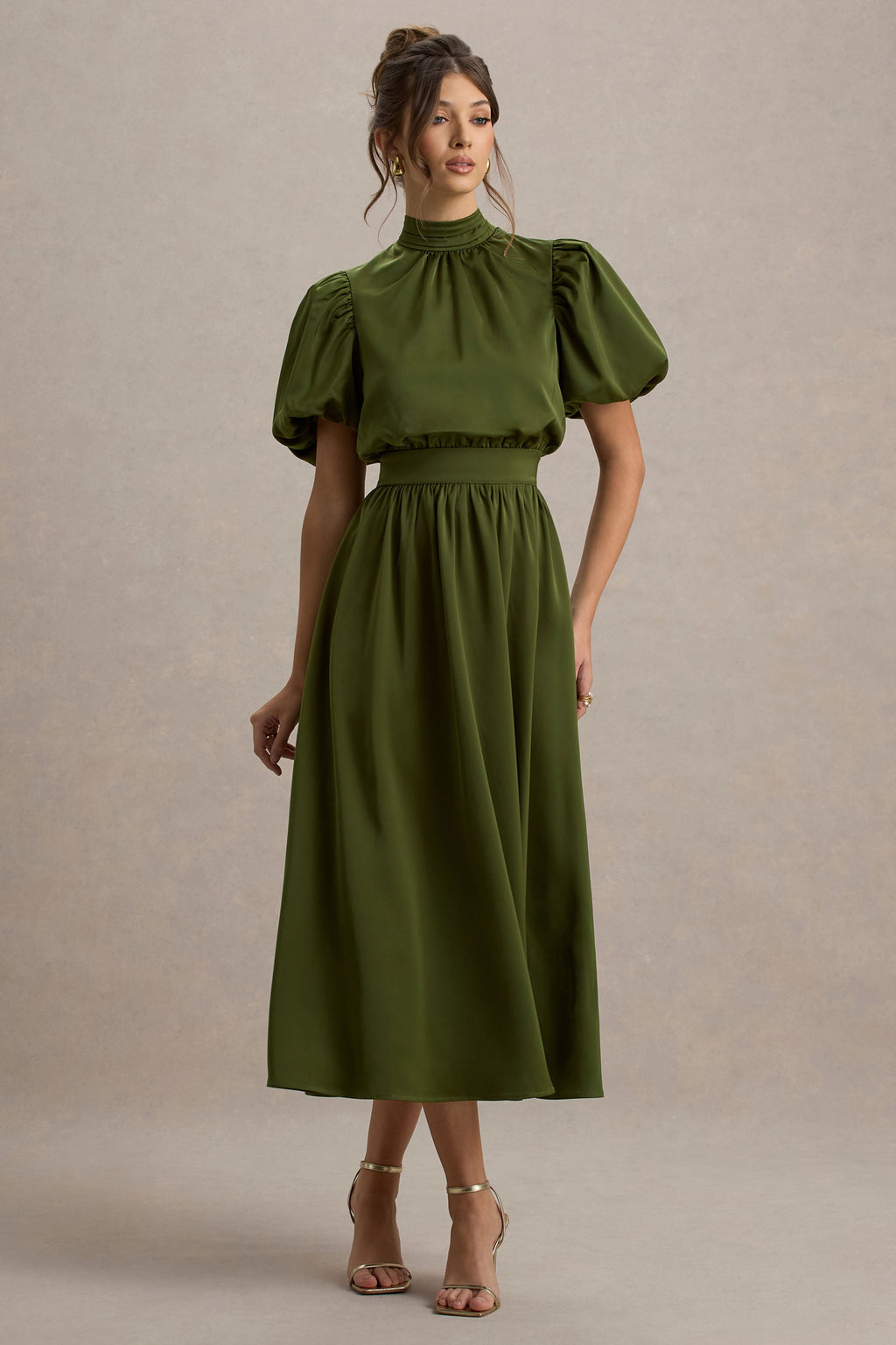 Persea | Olive Satin Puff-Sleeve Midi Dress With Bow