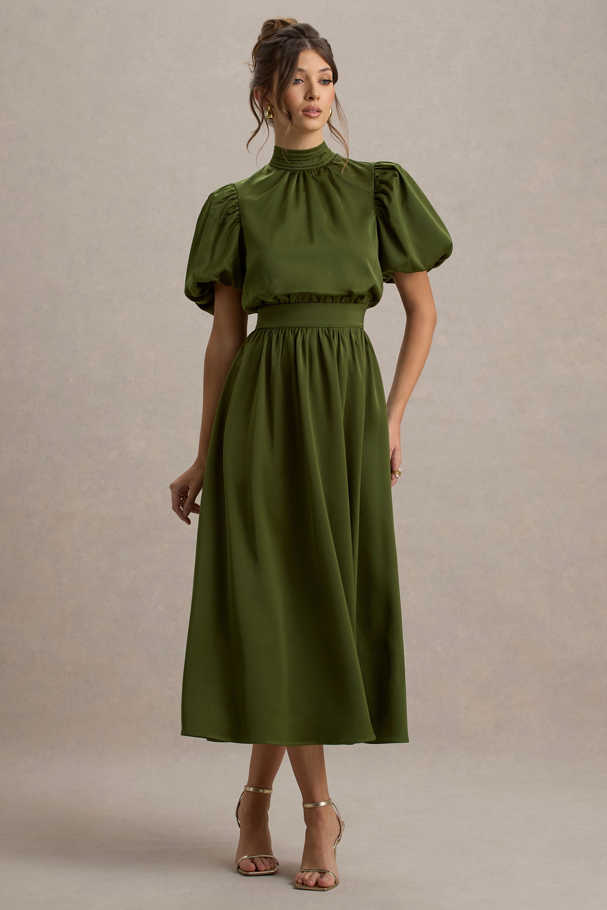 Persea | Olive Satin Puff-Sleeve Midi Dress With Bow