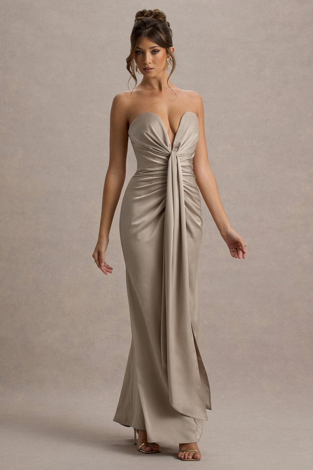 Mackenzie | Champagne Satin Plunge-Neck Draped Maxi Dress